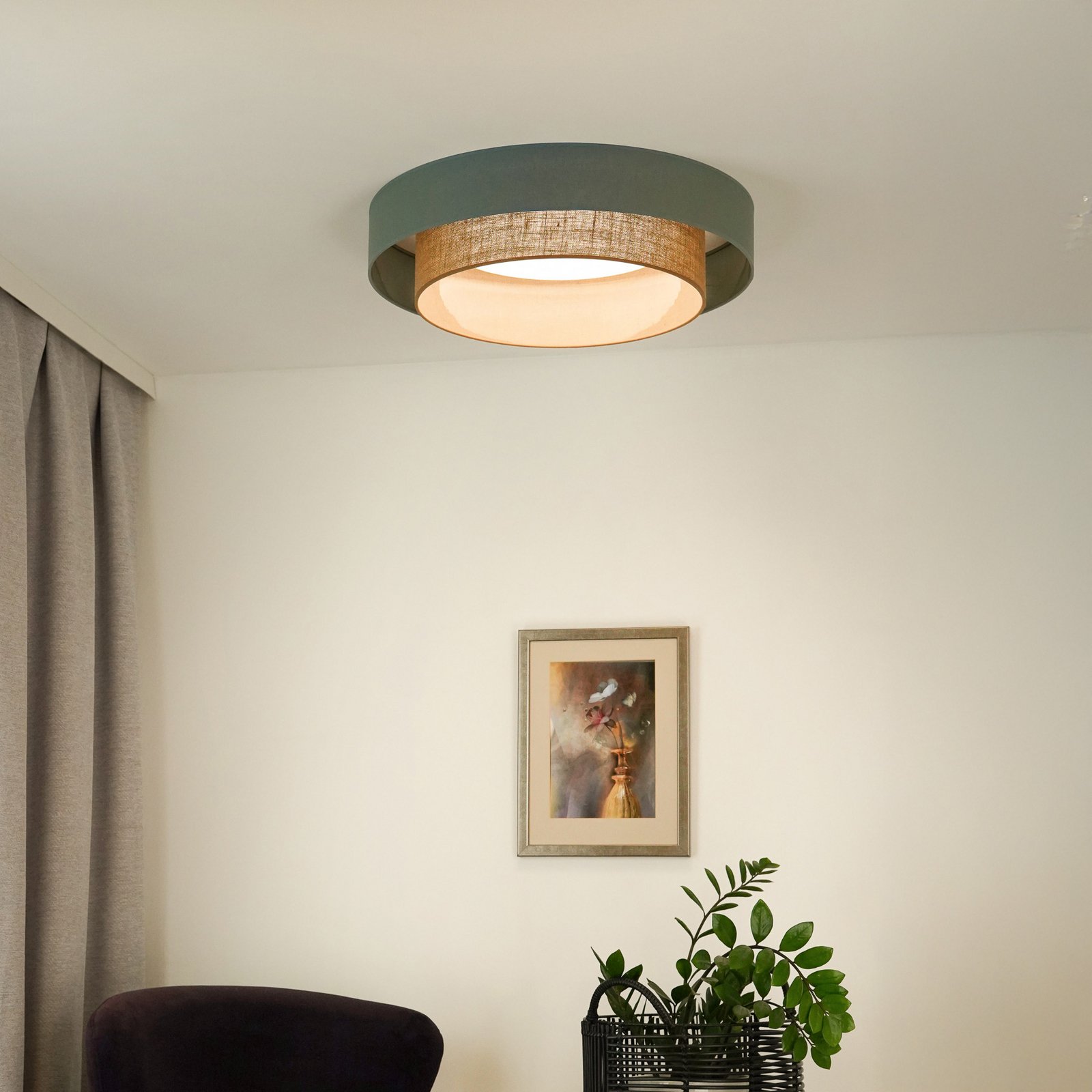 LED ceiling light Luneta, sage/jute, Ø 60 cm, 3-step dimmable