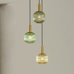 Lindby Doroteo hanglamp, 3-lamps, groen/amber/grijs, glas