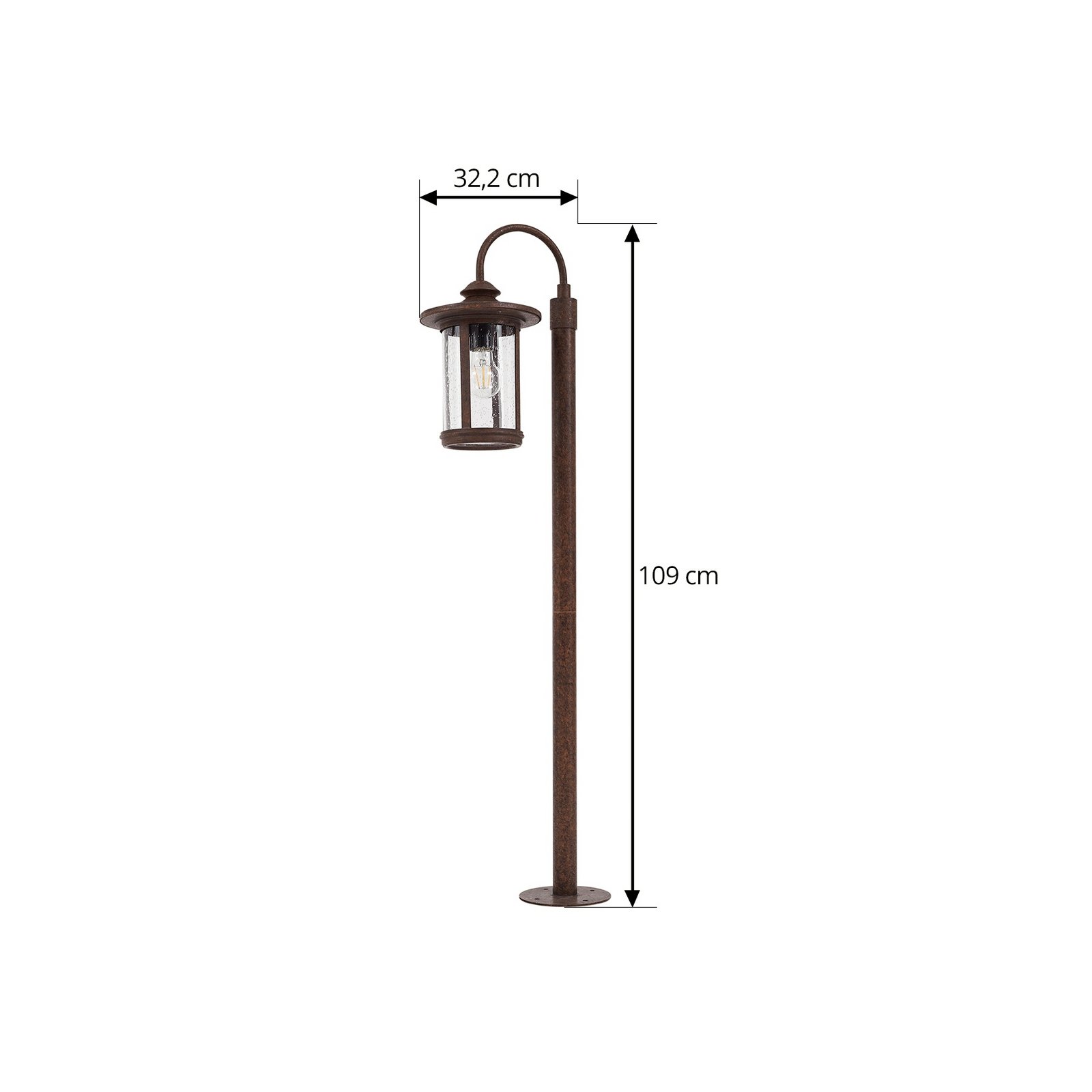 Lindby path light Zayn, rust, glass, height 109 cm