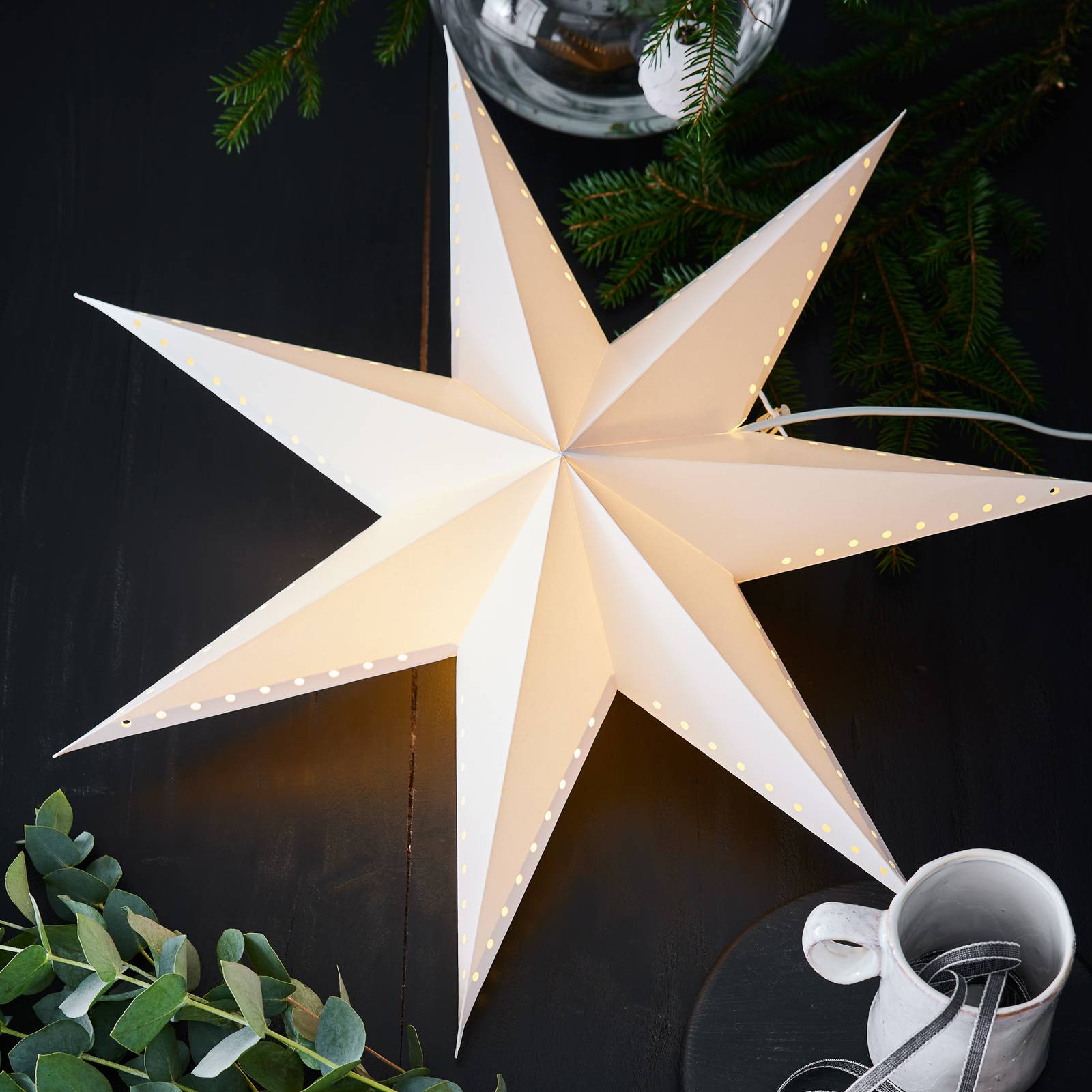 Dekoračná hviezda Lively, visiaca, biela, Ø 60 cm
