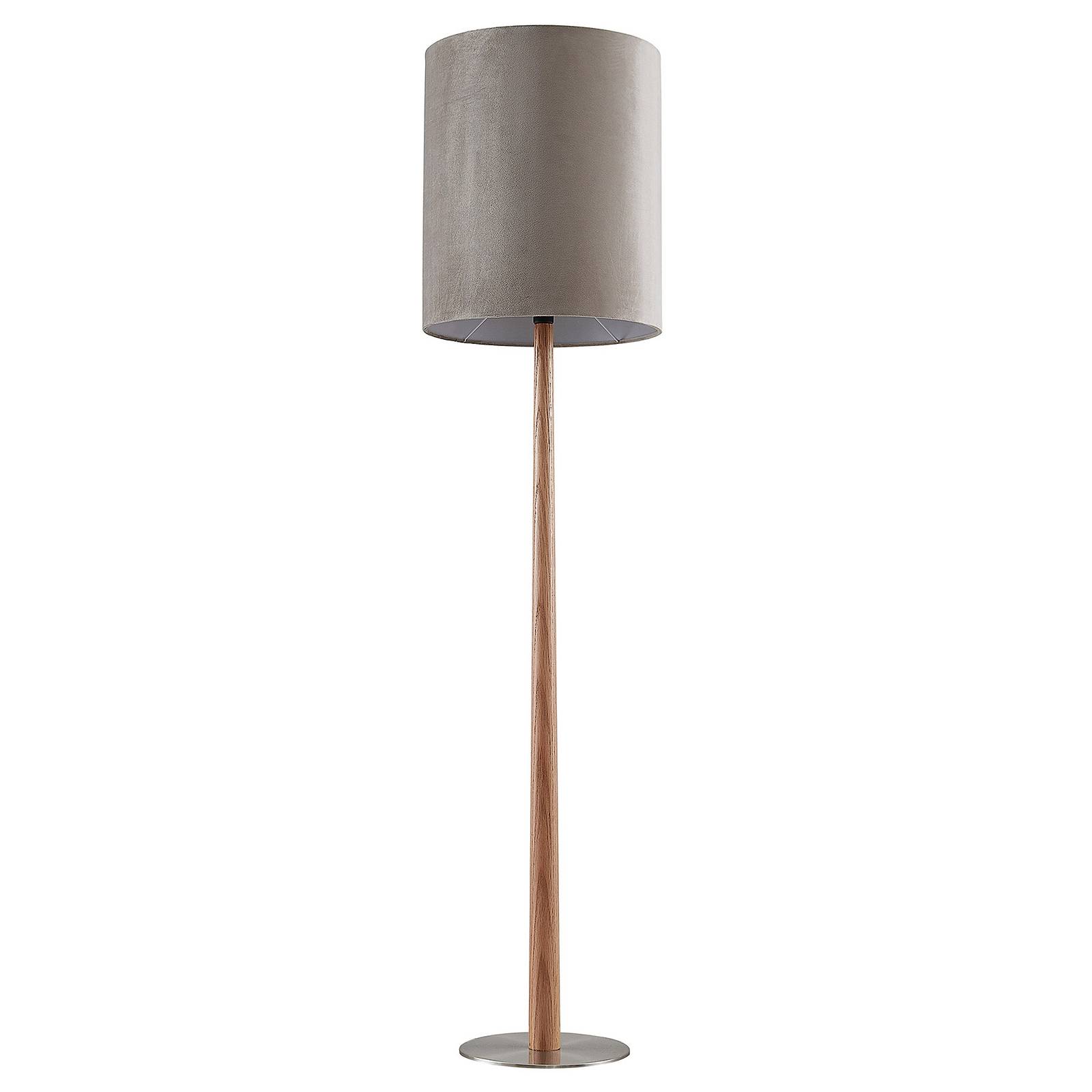 Lucande Heily floor lamp, cylinder, 45 cm, grey, for Living / Dining Room, iron, fabric, oak wood, E27, 60 W, H: 160 cm