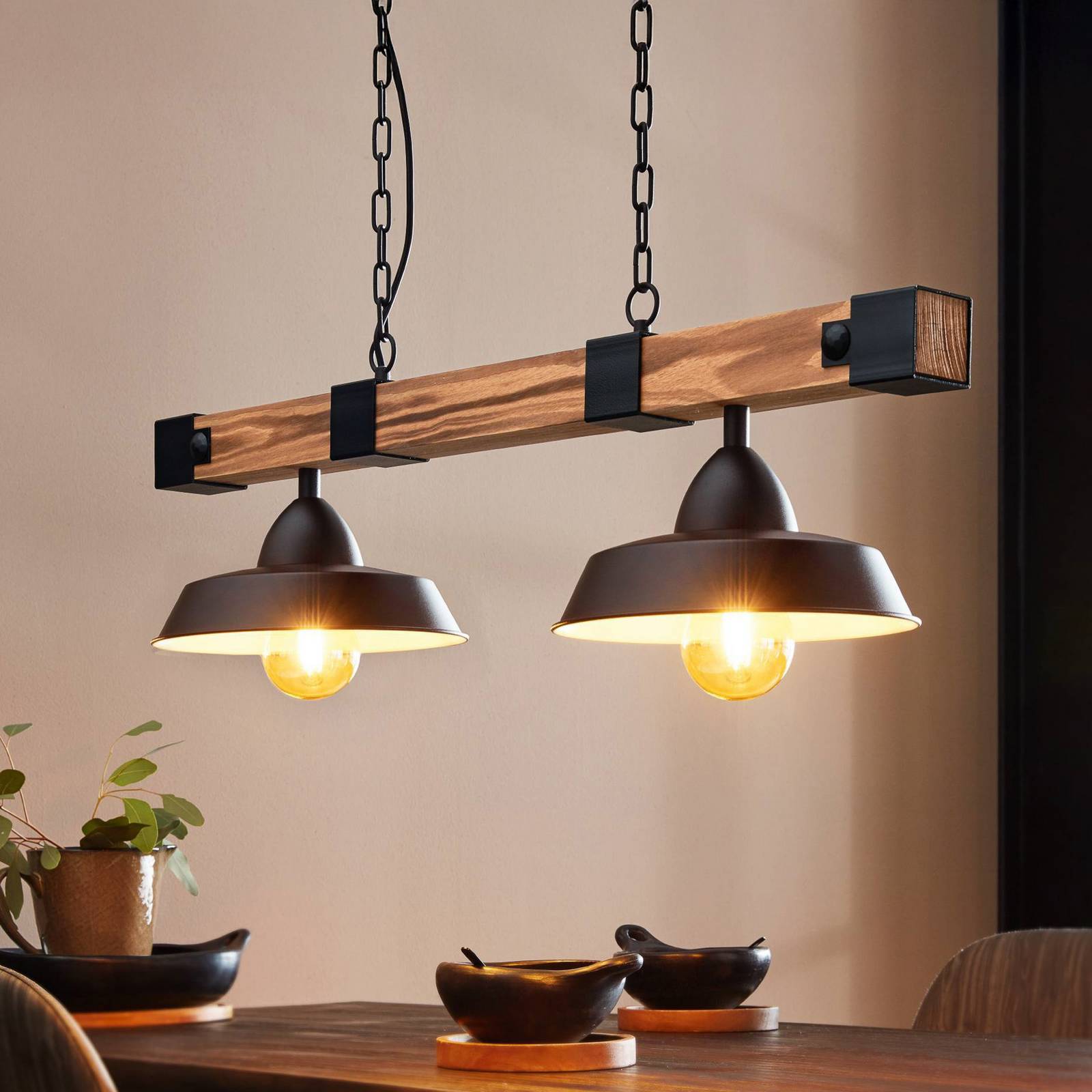 EGLO Suspension Oldbury, noir/bois foncé, longueur 86 cm, à 2 lampes.