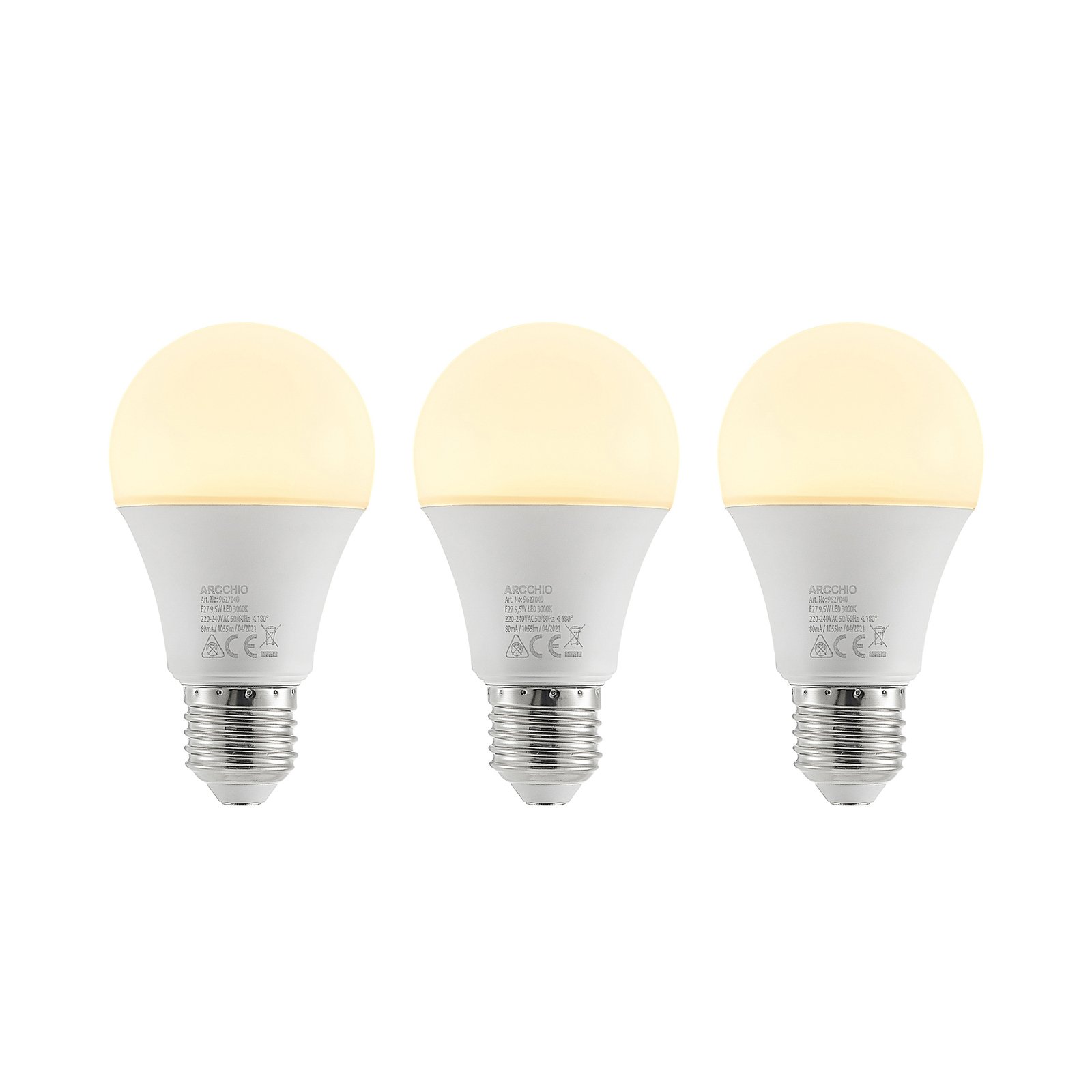 LED bulb E27 A60 9.5 W 3,000 K opal 3-pack