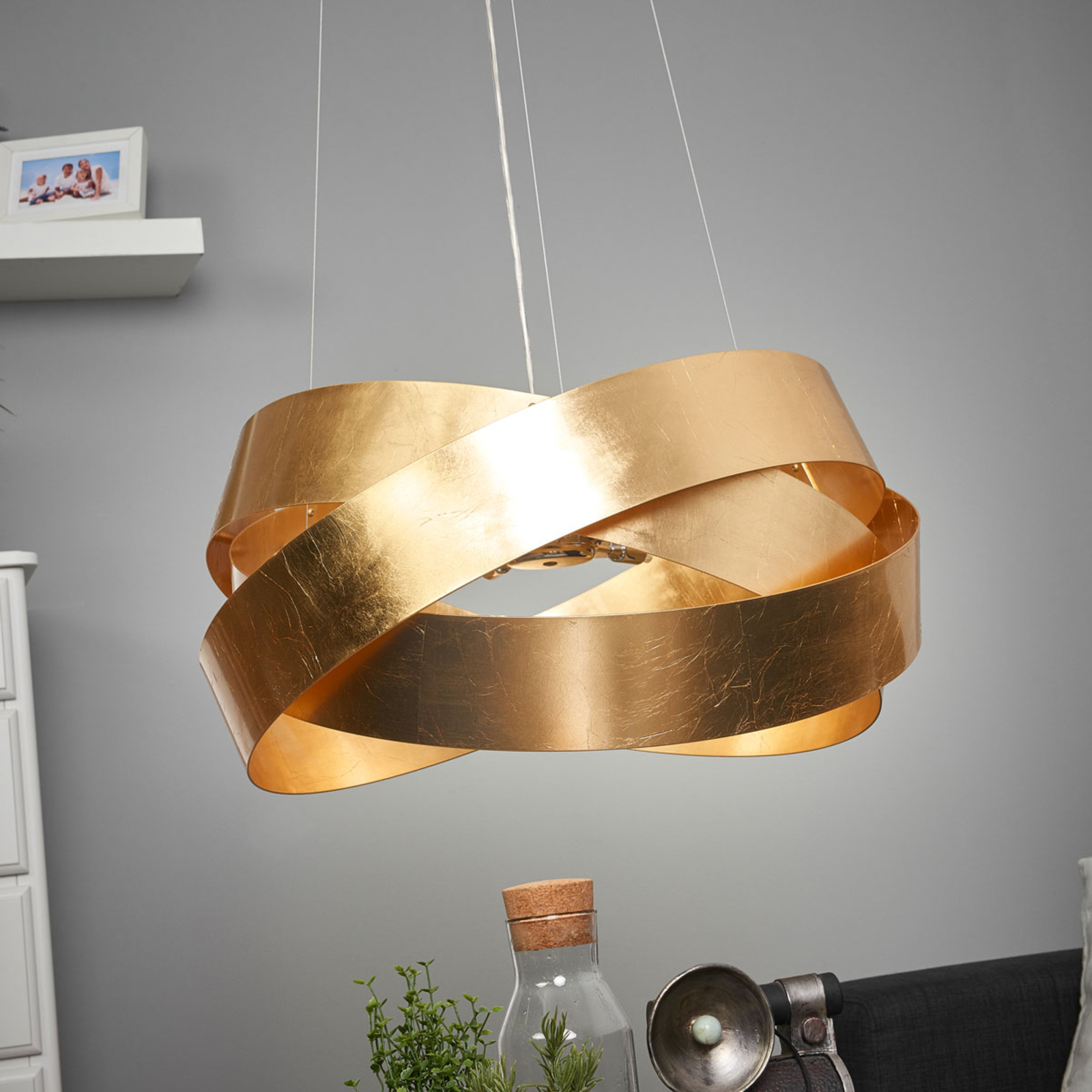 Lampa wisząca Pura z płatkami złota, 60cm, 8x G9