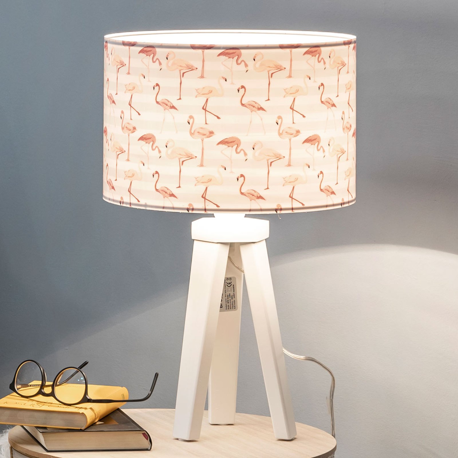 Maco Design Miami table lamp with flamingo print, for Living / Dining Room, wood, plastic, E27, 60 W, energy efficiency: A++, H: 45 cm