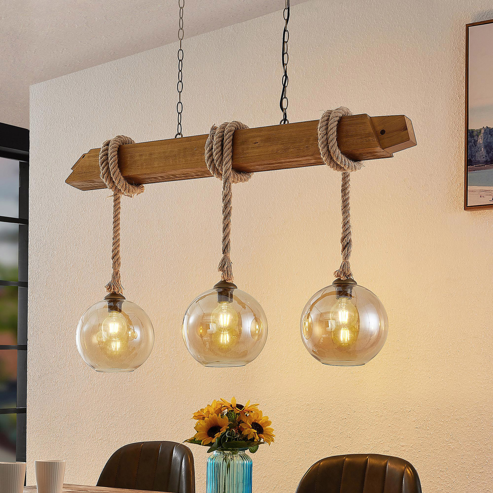Lucande Mevan hanging light with wooden beam amber