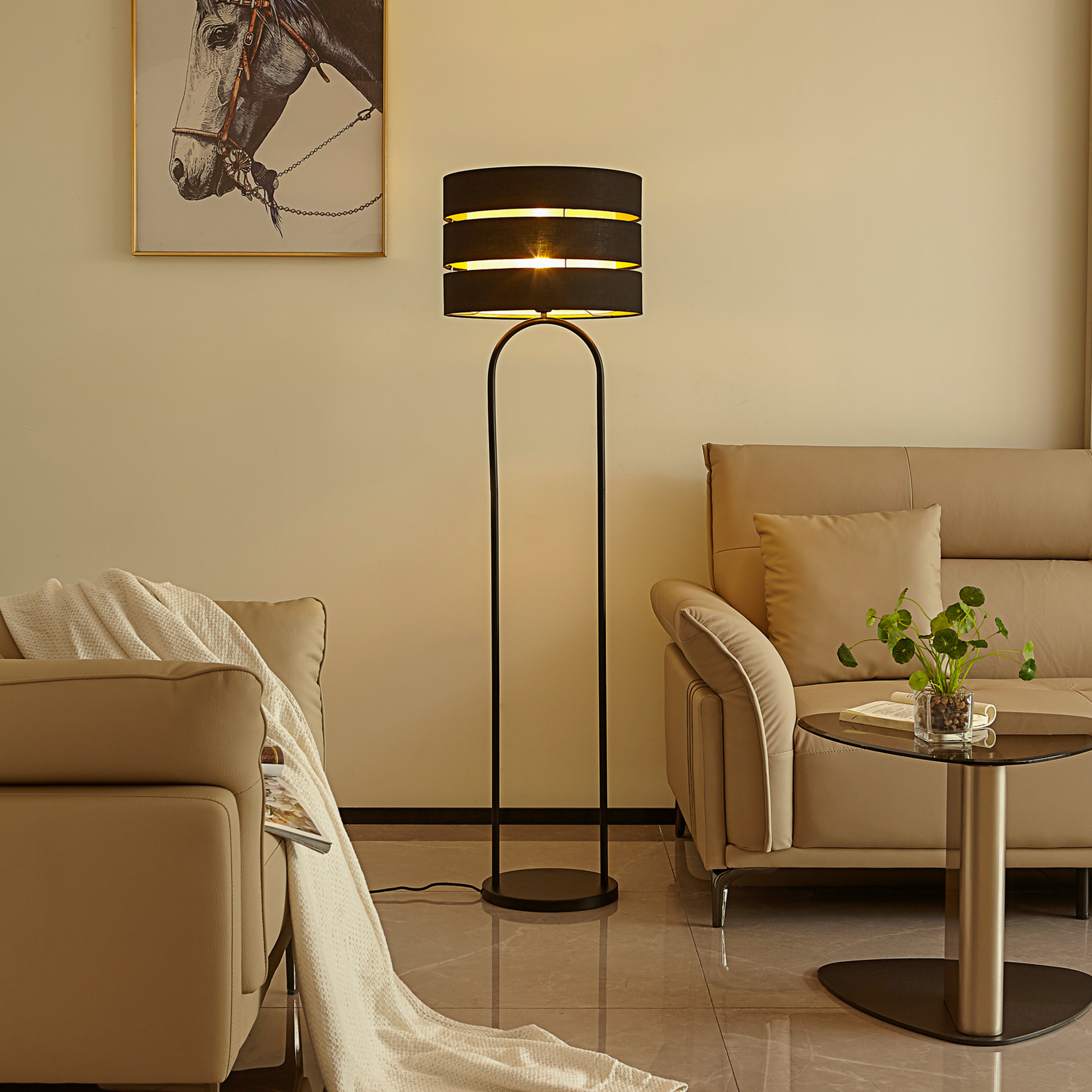 Candeeiro de pé Lindby Tsomo, Ø 40 cm, preto, tecido, E27