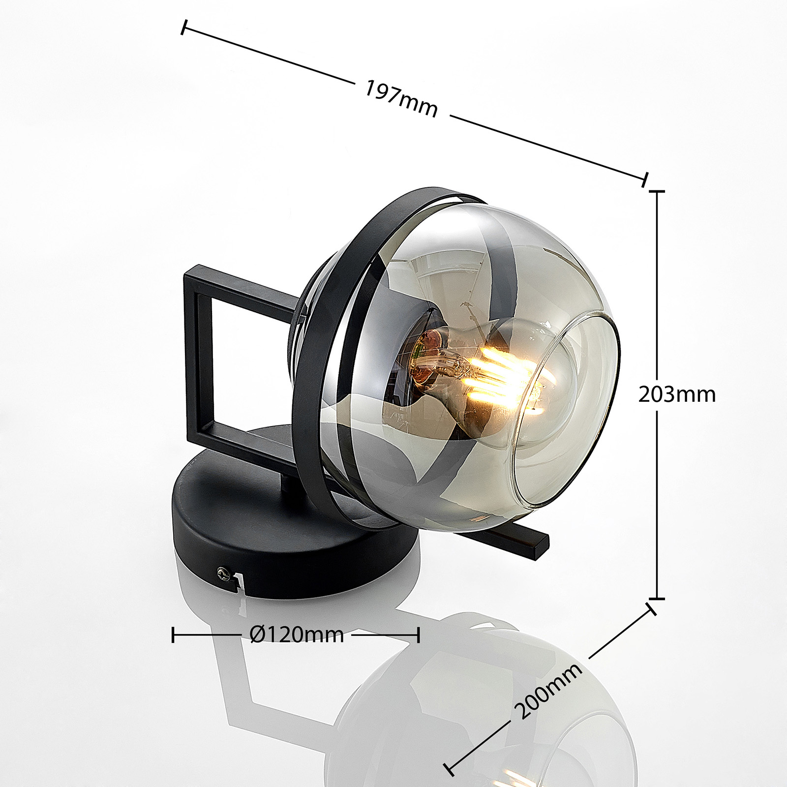 Lindby Marinka wall lamp, smoked glass ball, for Living / Dining Room, glass, steel, E27, 60 W, energy efficiency: A++, W: 20 cm, H: 19.7 cm