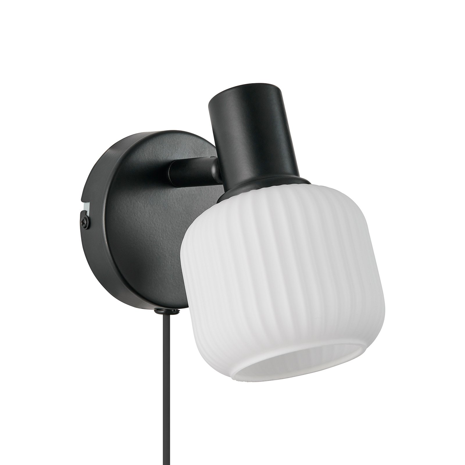 Milford Mini sienas lampa, melna, ar rievotu stiklu, ar kontaktdakšu