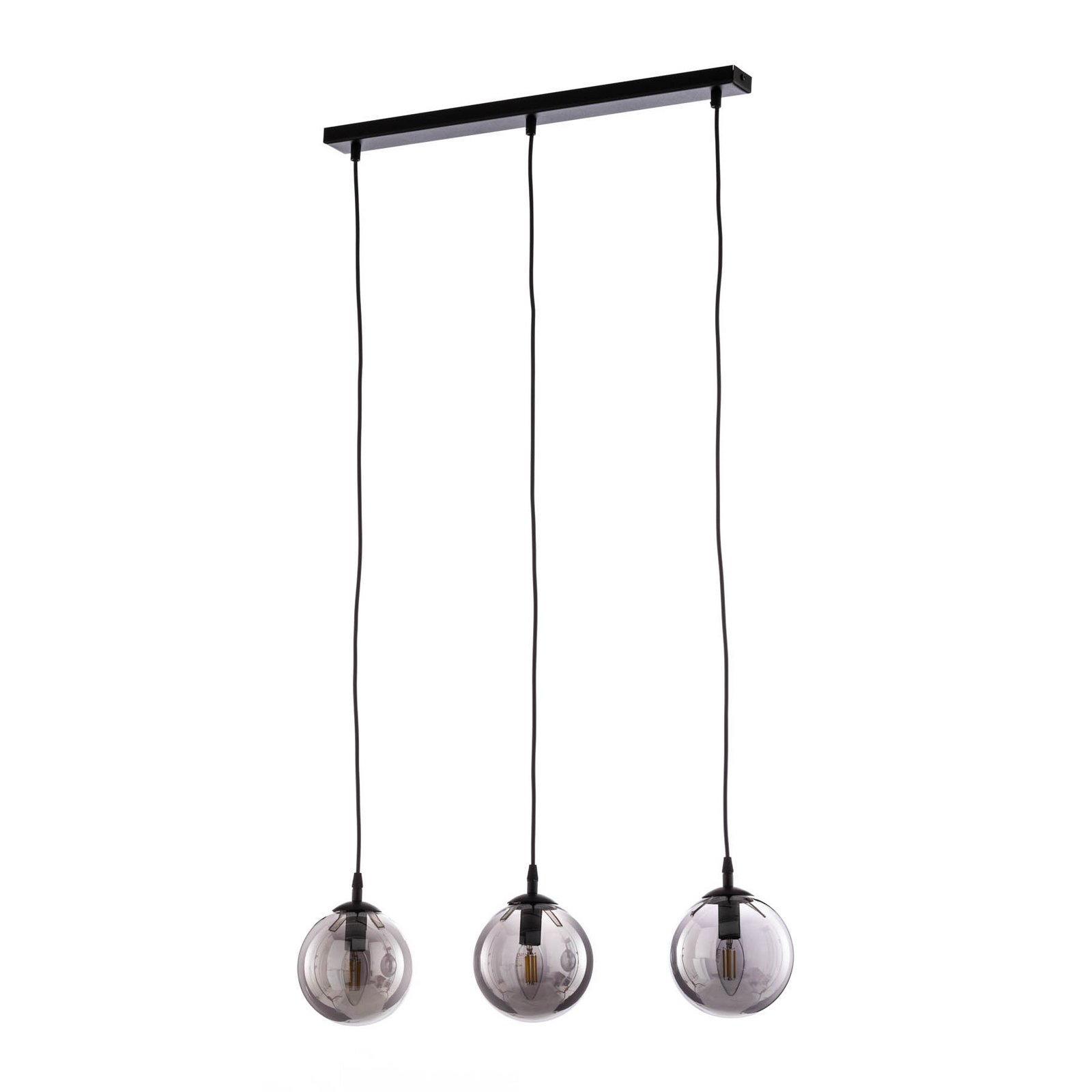 Glassy pendant light, 3-bulb, straight, black, graphite, glass