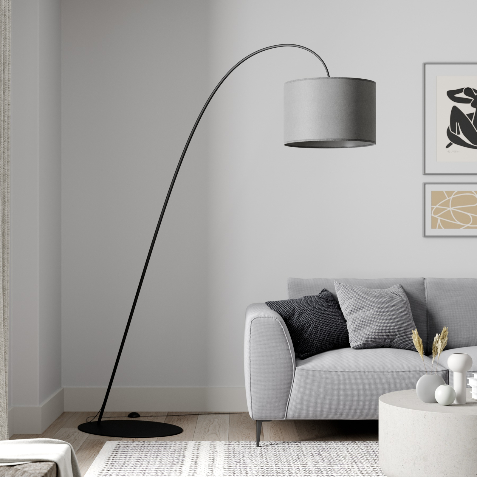 Oblouková lampa Alice s šedým textilním stínidlem