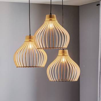 Barrel hanging light, wood lampshades 3-bulb round