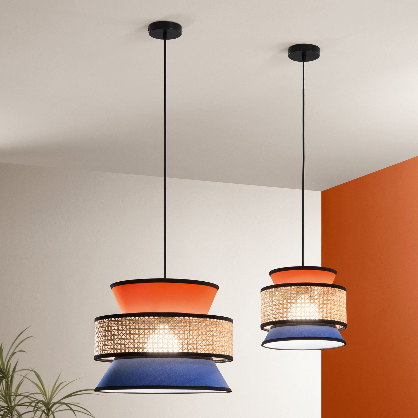 Hanglamp Gazebo, oranje/blauw/naturel, Ø 40 cm, stof/rotan Hanglamp Gazebo, oranje/blauw/naturel, Ø 40 cm, stof/rotan