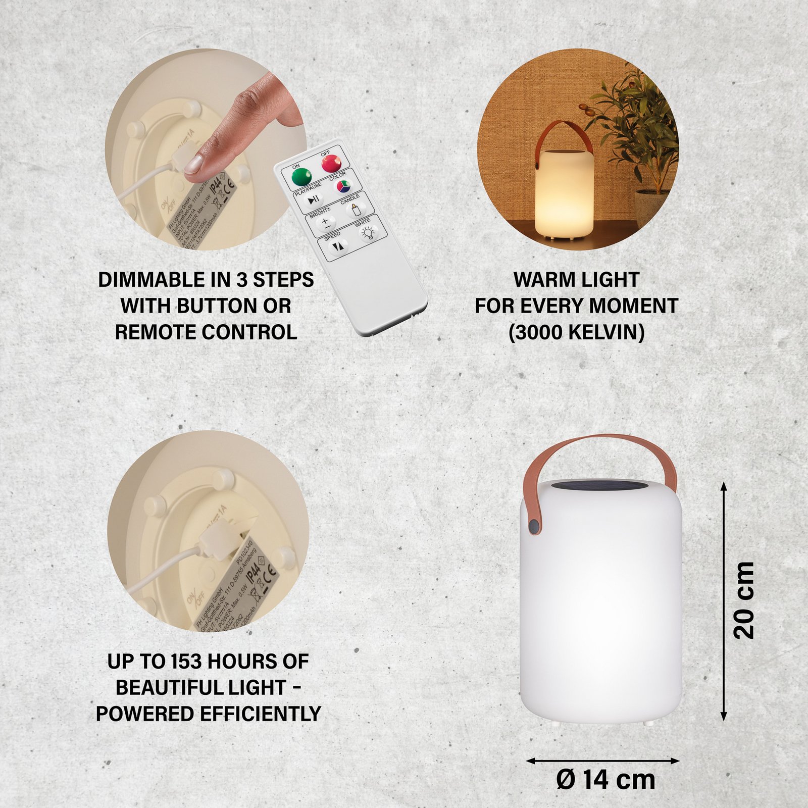 LED-solcellebordlampe Orno, varmhvit og RGB