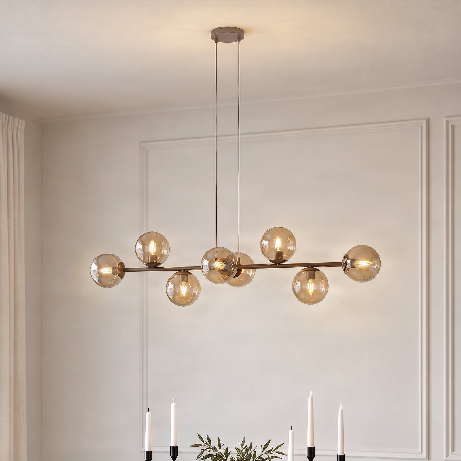 Rossi pendant light, beige, length 130 cm, 8-bulb, glass/metal