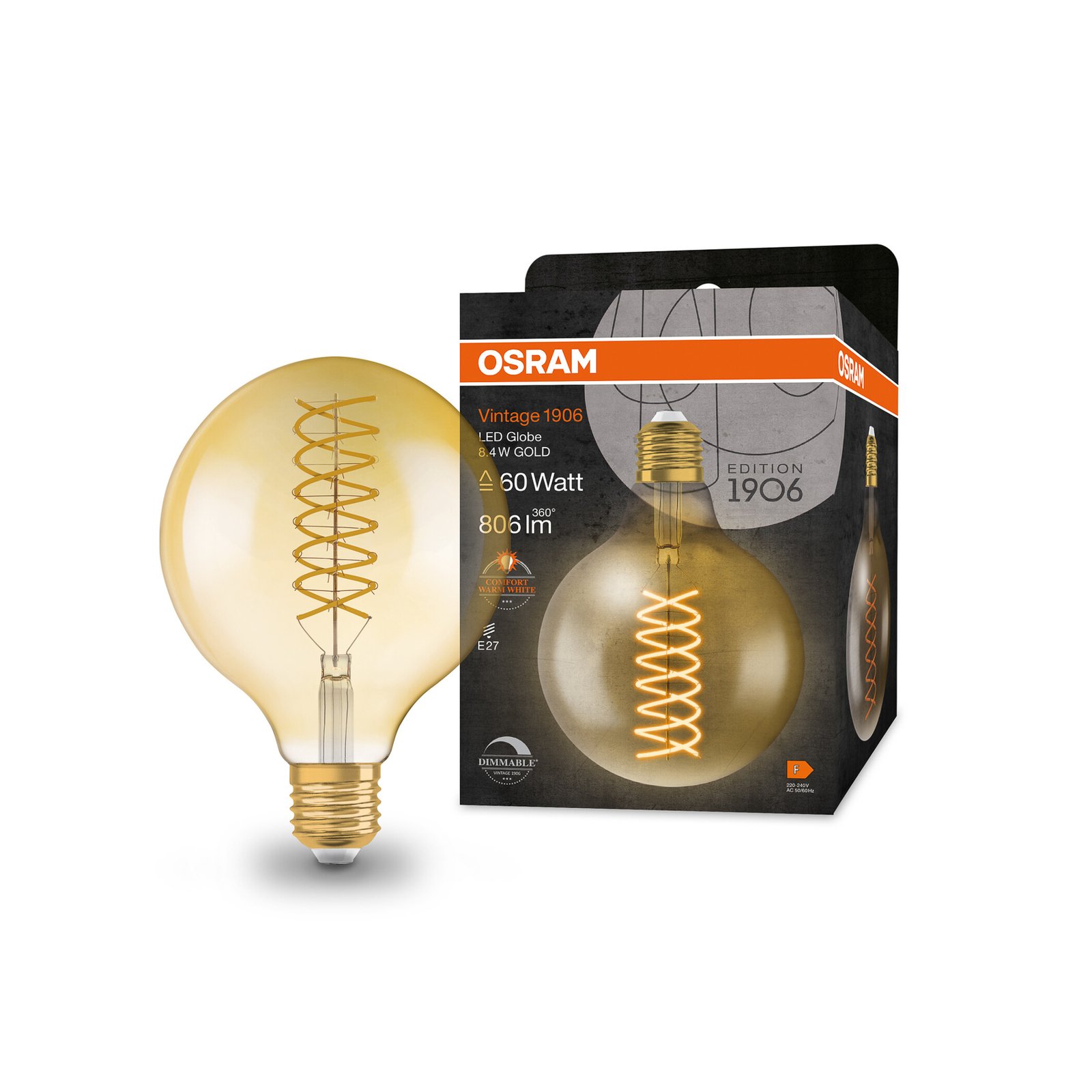 OSRAM LED Vintage 1906, G125, E27, 8,4 W, gold, 824, dim.