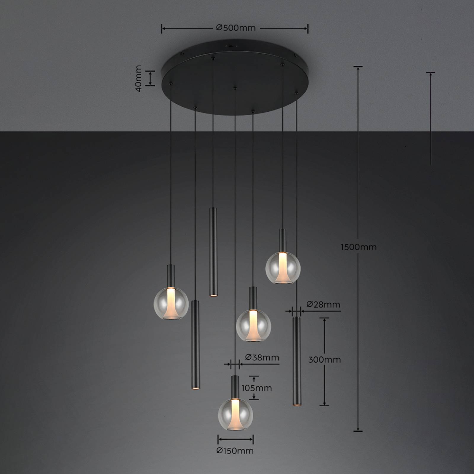 LED-hengelampe Melaro, Ø 59 cm, svart metall/glass, CCT, 7 lyskilder