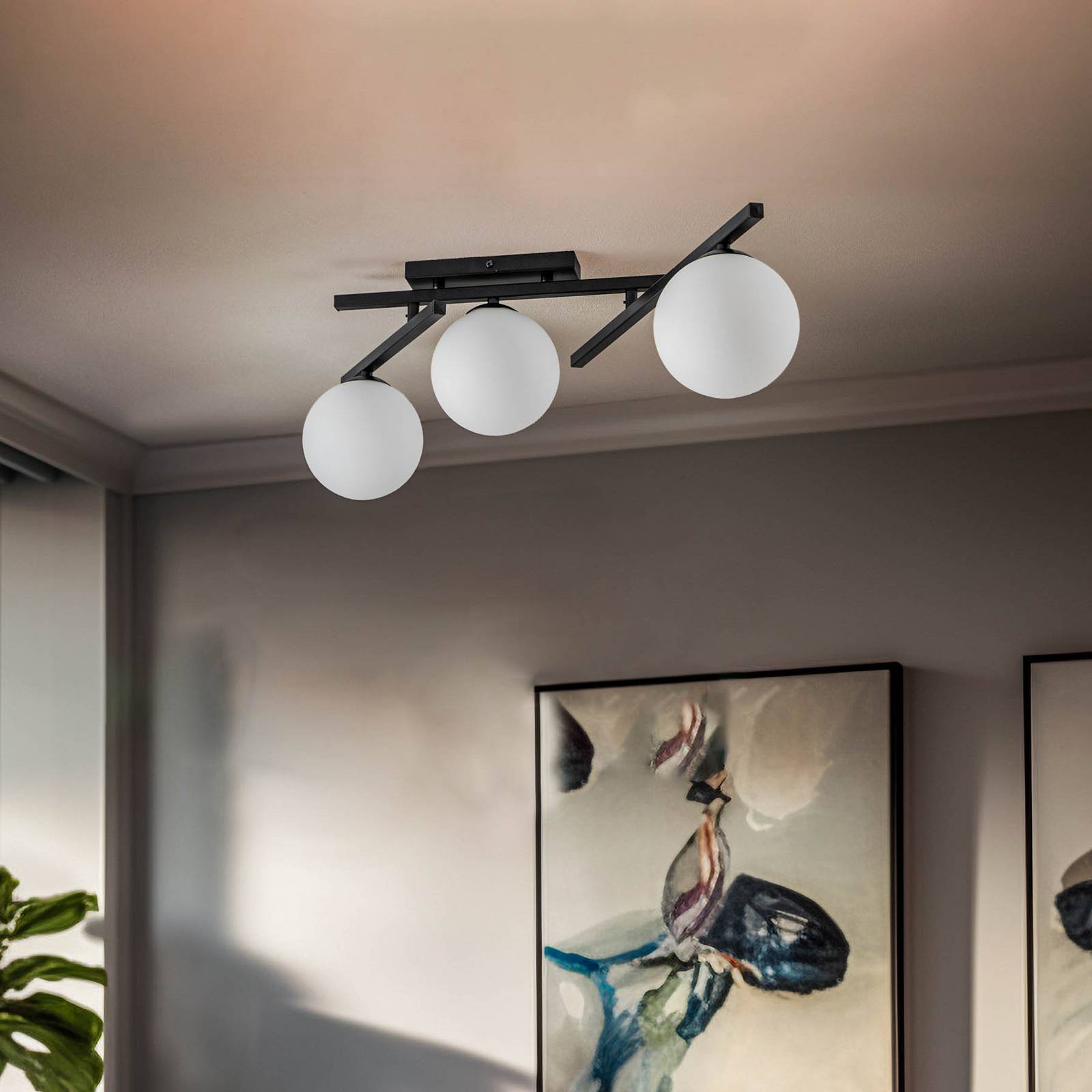 Lampa sufitowa Smart, czarna/opalowa, 3-punktowa