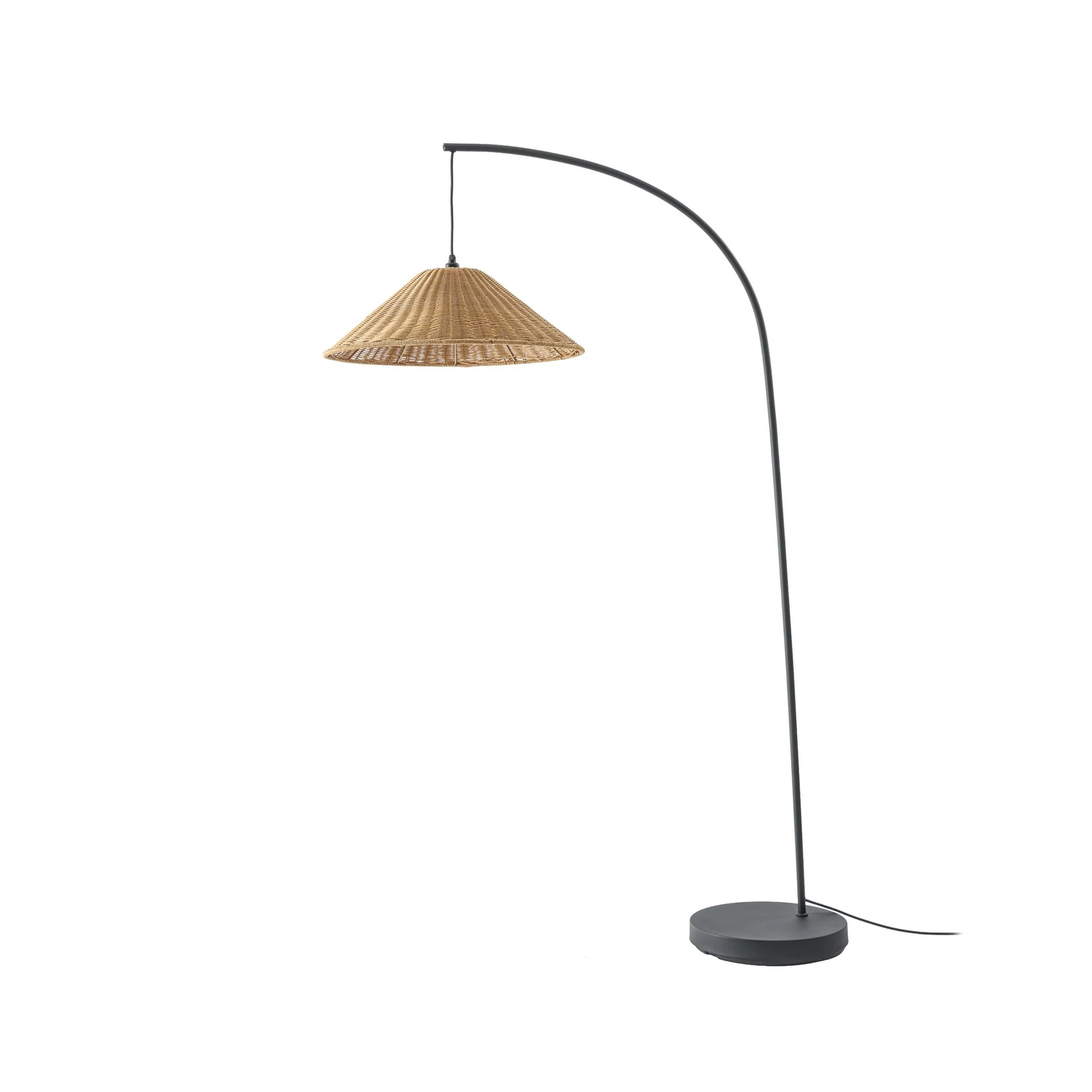 Candeeiro de pé exterior Lucande Taniola, cónico, rattan, 195 cm, IP44