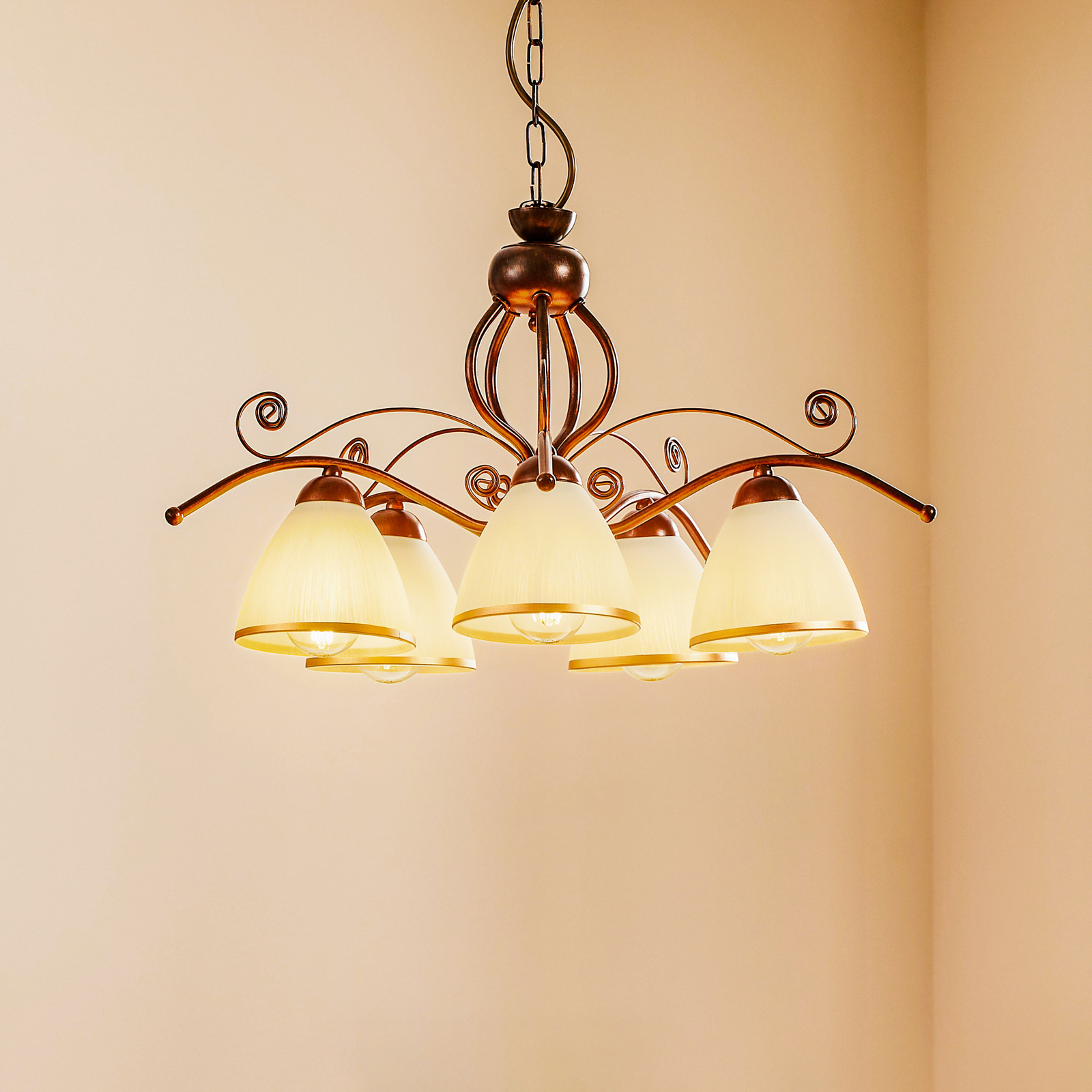 Roma hanging light in white and brown, five-bulb