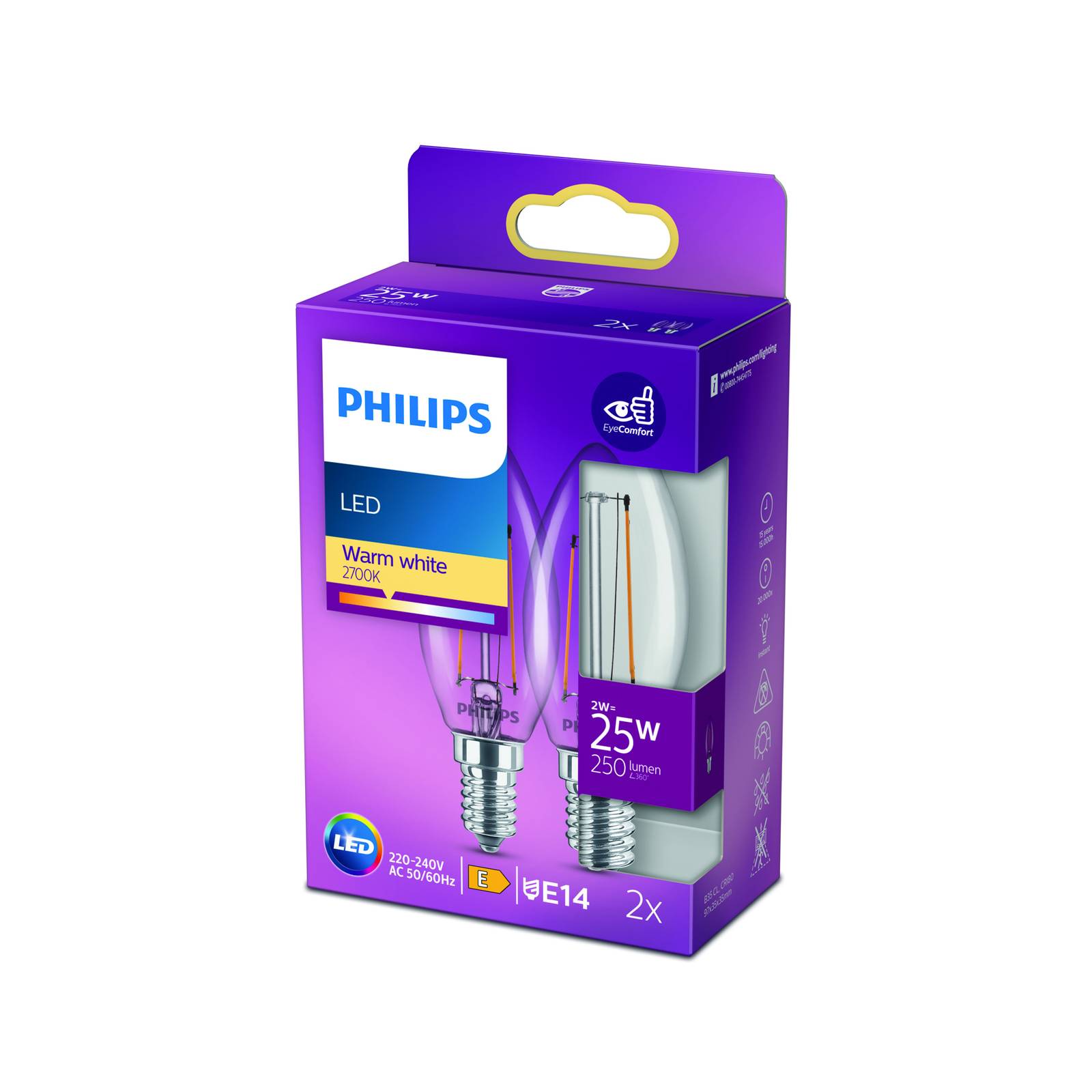 Philips LED-Kerze Filament E14 2W 2.700K 2er-Pack