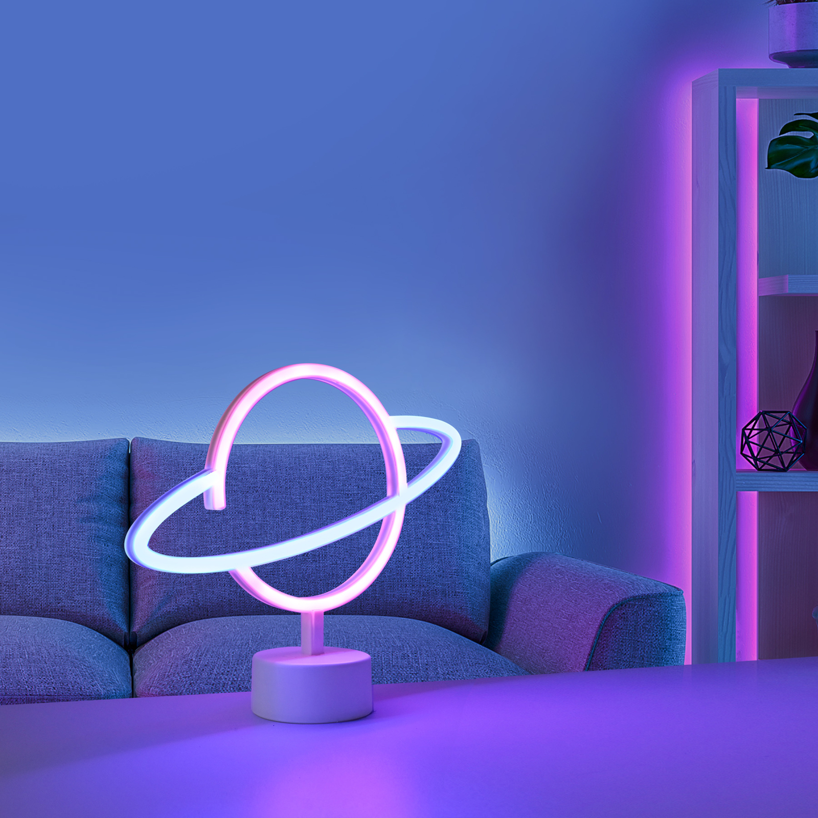 Lámpara de mesa LED Neon Saturn funciona con pilas