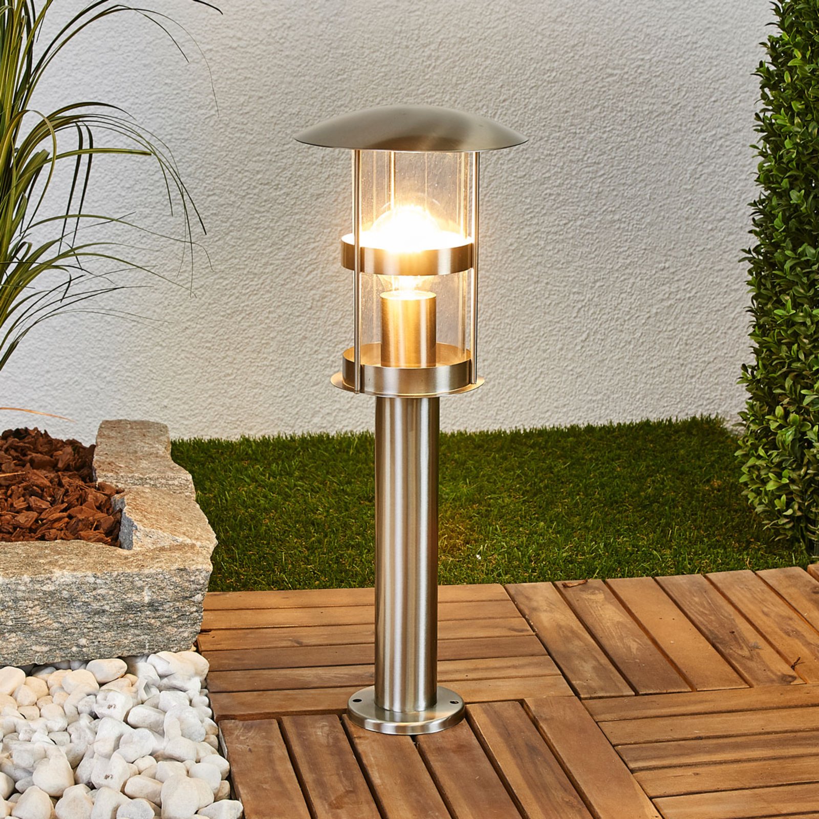 Lindby Noemi - stainless steel pillar lamp for outdoors, stainless steel, polycarbonate, E27, 60 W, energy efficiency: A++, H: 50 cm