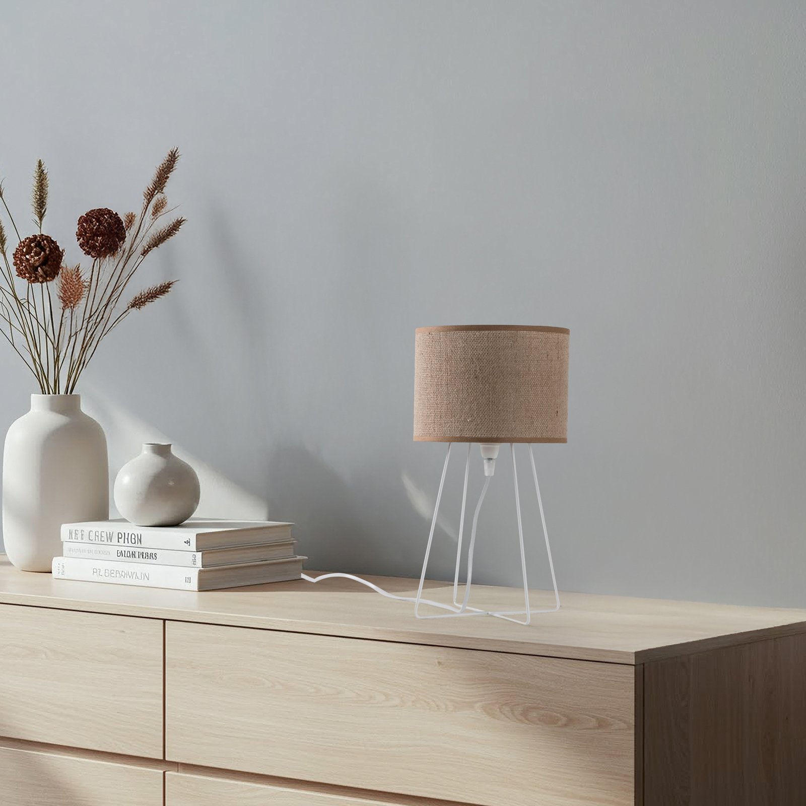 Trixi asztali lámpa drótkerettel fehér/bézs, szövet, E14