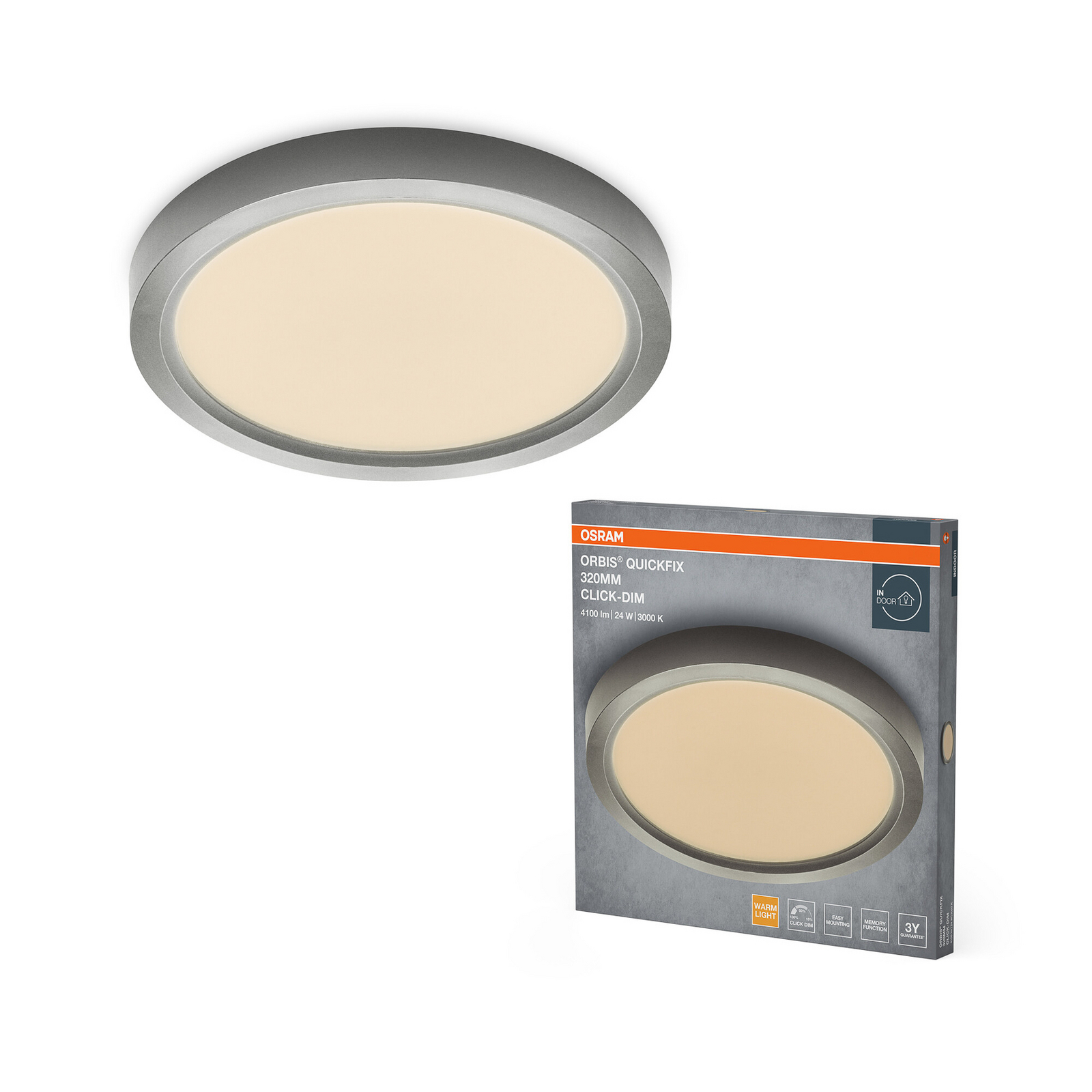 OSRAM LED griestu lampa ORBIS QUICKFIX Ø 32 cm, sudraba krāsā, clickdim OSRAM LED griestu lampa ORBIS QUICKFIX Ø 32 cm, sudraba krāsā, clickdim