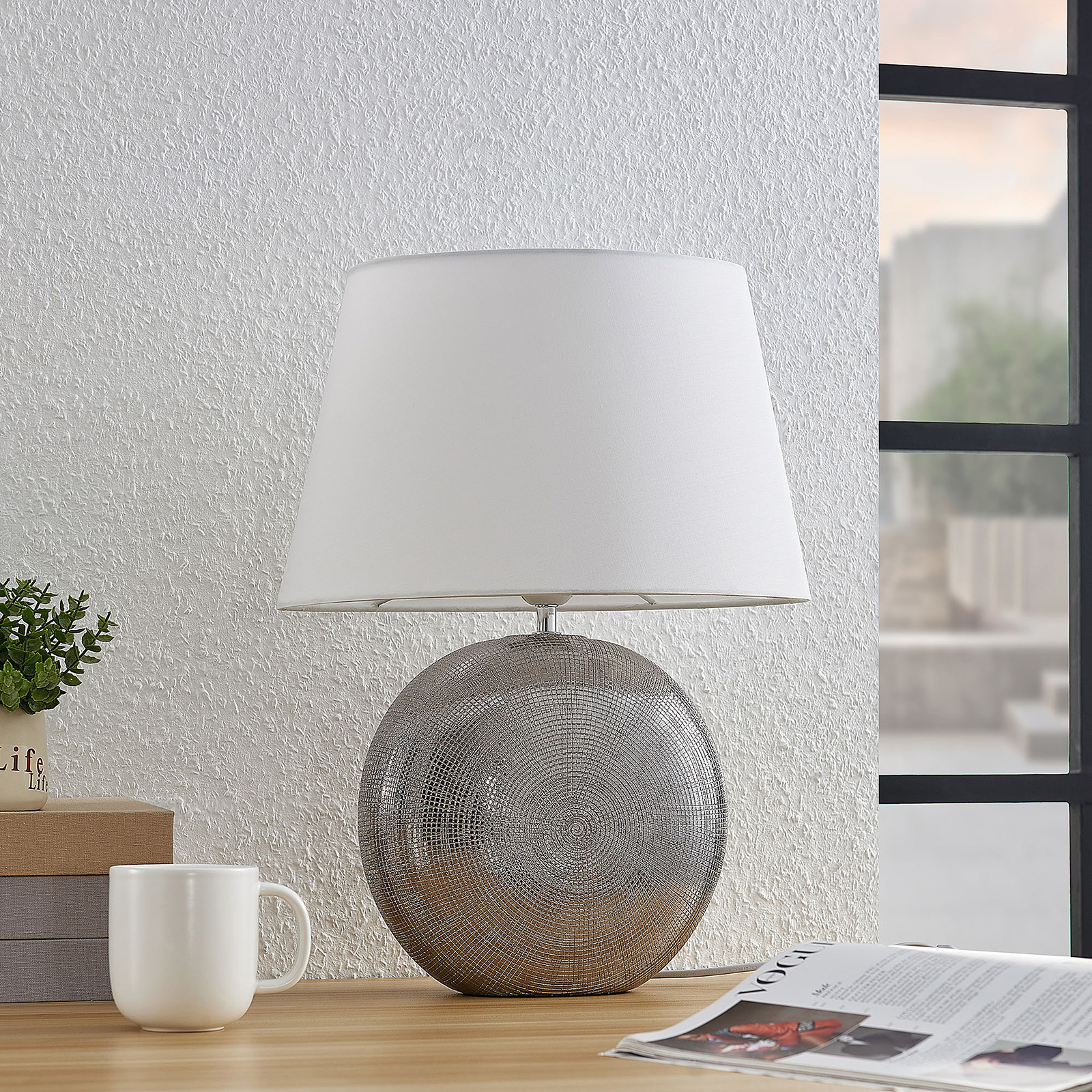 Lindby Florentino table lamp, fabric and ceramics, for Living / Dining Room, fabric, ceramics, E27, 60 W, energy efficiency: A++, W: 35.5 cm, H: 47 cm