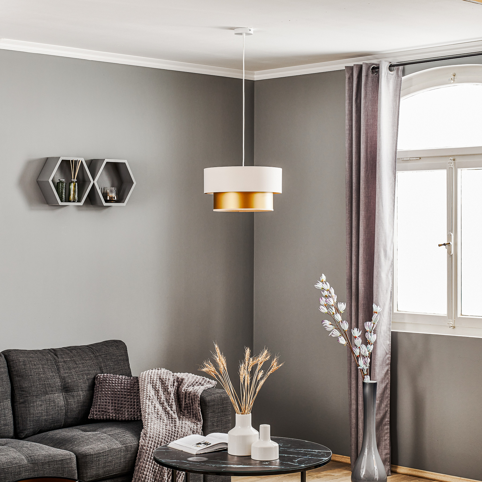 Dorina hanging lamp, cream/gold, Ø 40 cm