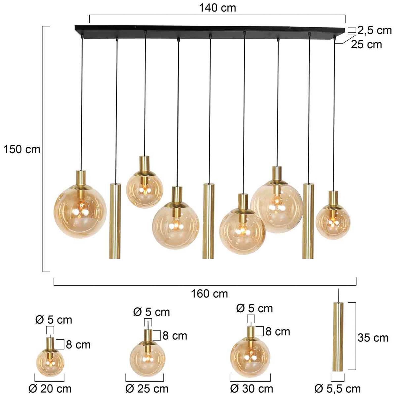 Bollique pendant light, brass, 9-bulb long, glass, metal