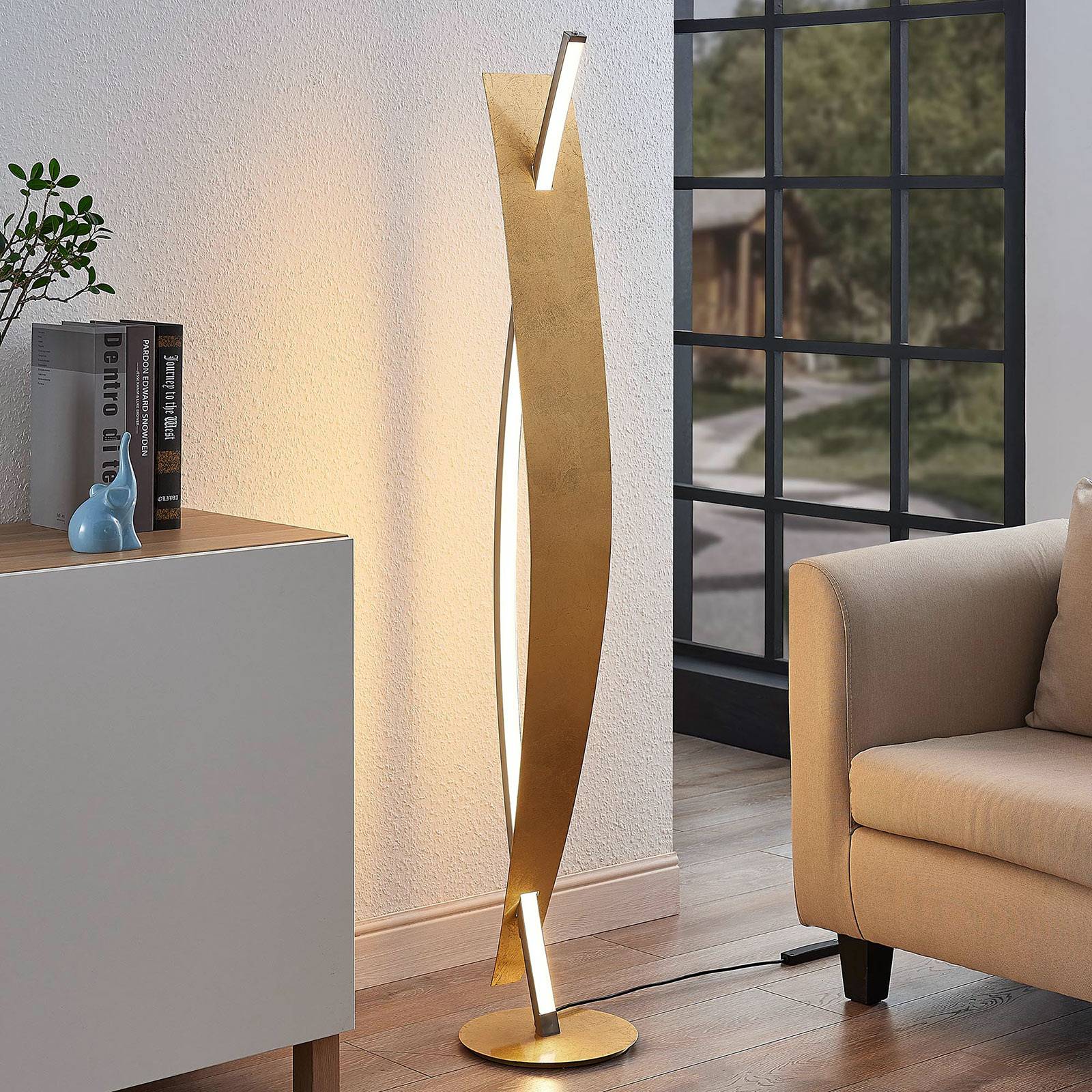 Lampa stojąca LED Lucande Marija, kolor złoty, ściemniana, 140 cm