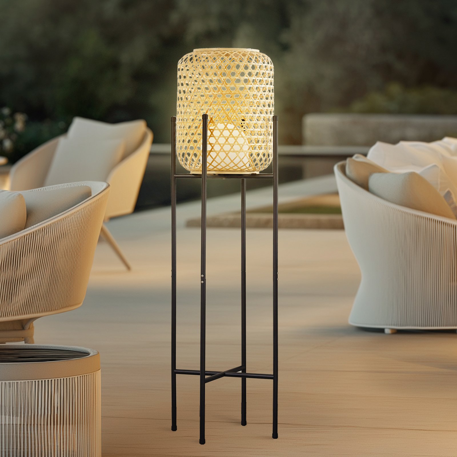 Lucande LED rechargeable floor lamp Adebi, black, bamboo, Ø32.5cm