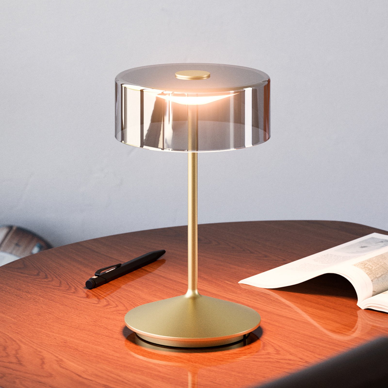 Numotion LED rechargeable table lamp, gold, glass, IP54, dimmable