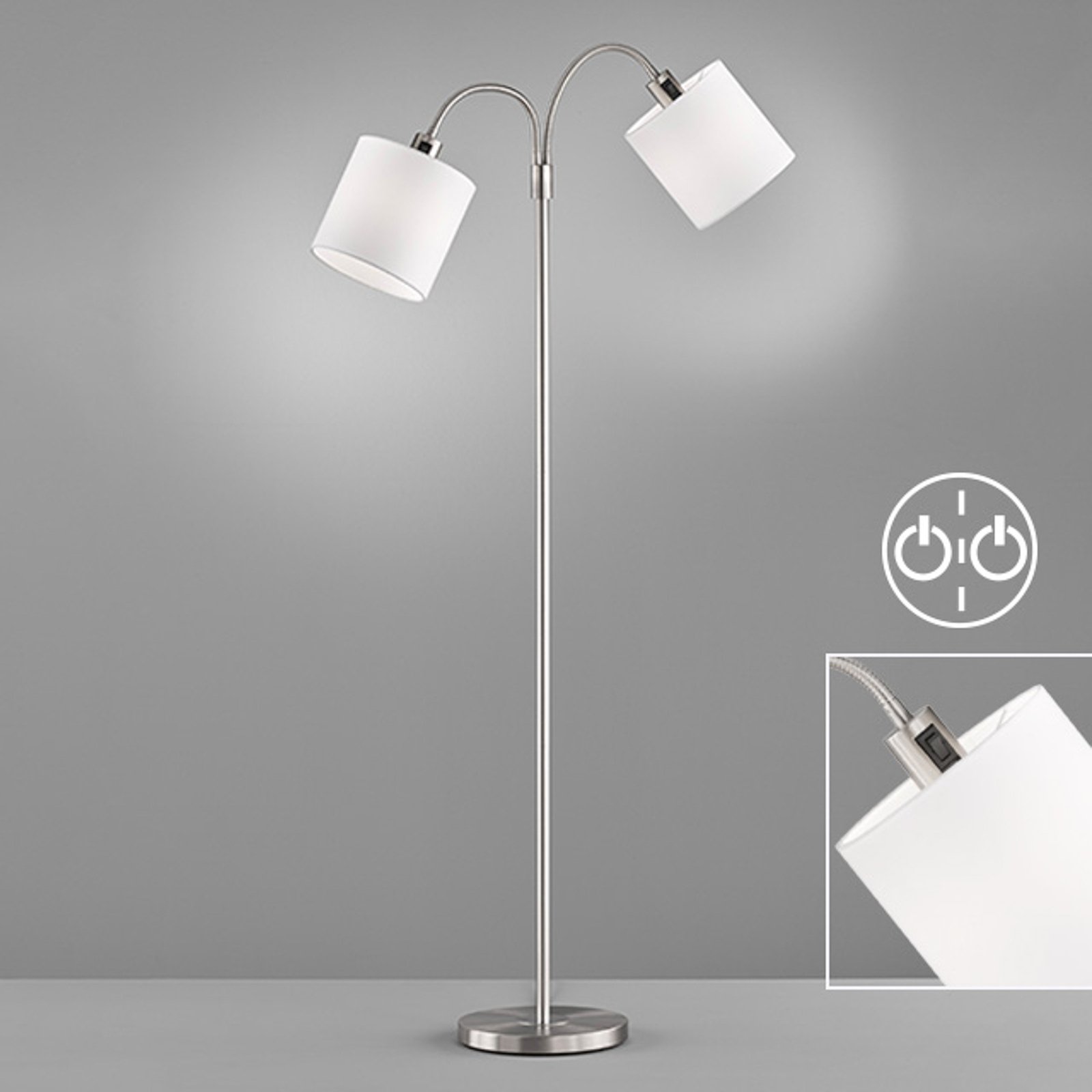 Vloerlamp Cozy, 2-lamps, stof, nikkel/wit
