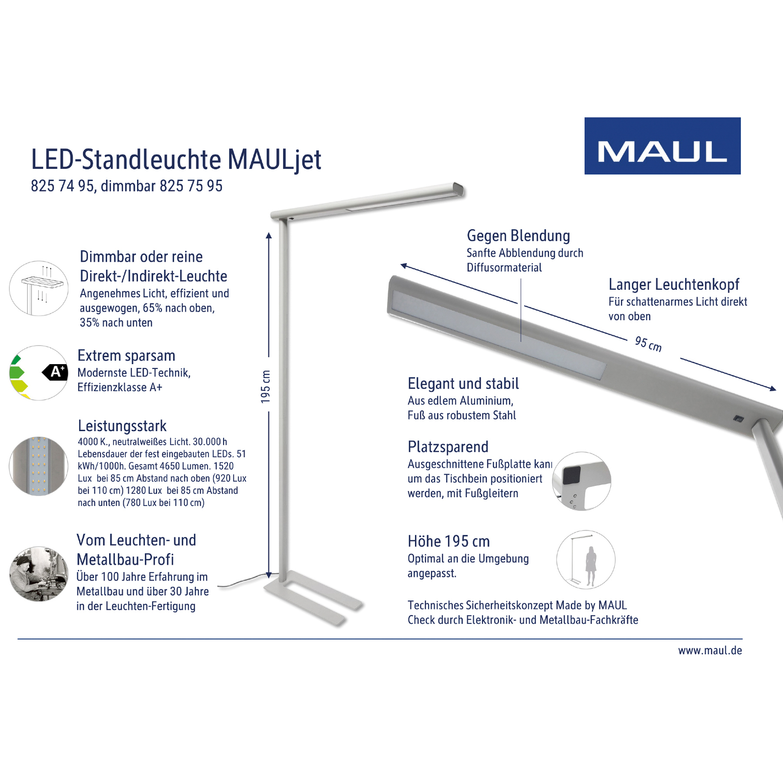 LED kancelářská stojací lampa MAULjet, stmívatelná, stříbrná