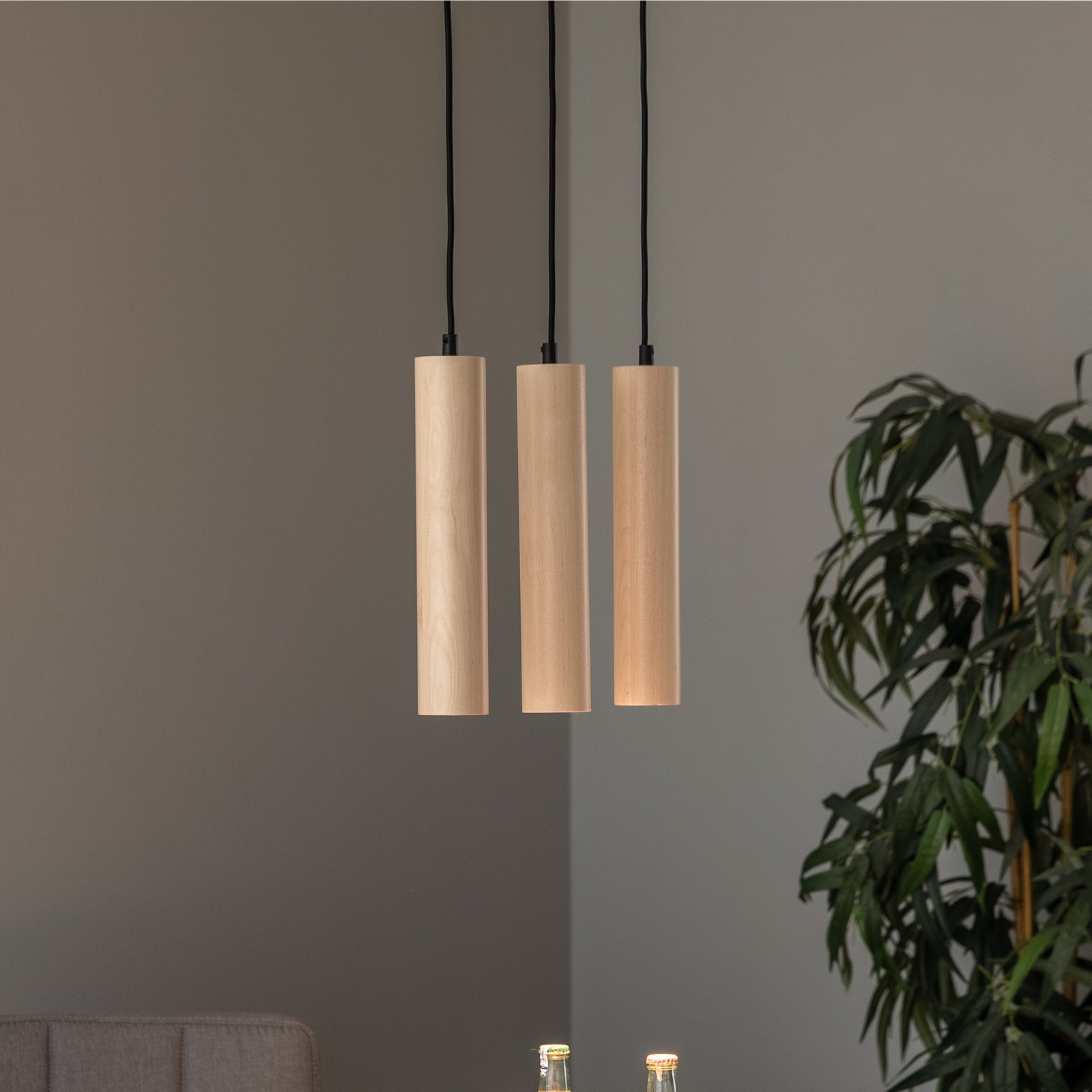 Hanglamp Tube van hout, 3-lamps