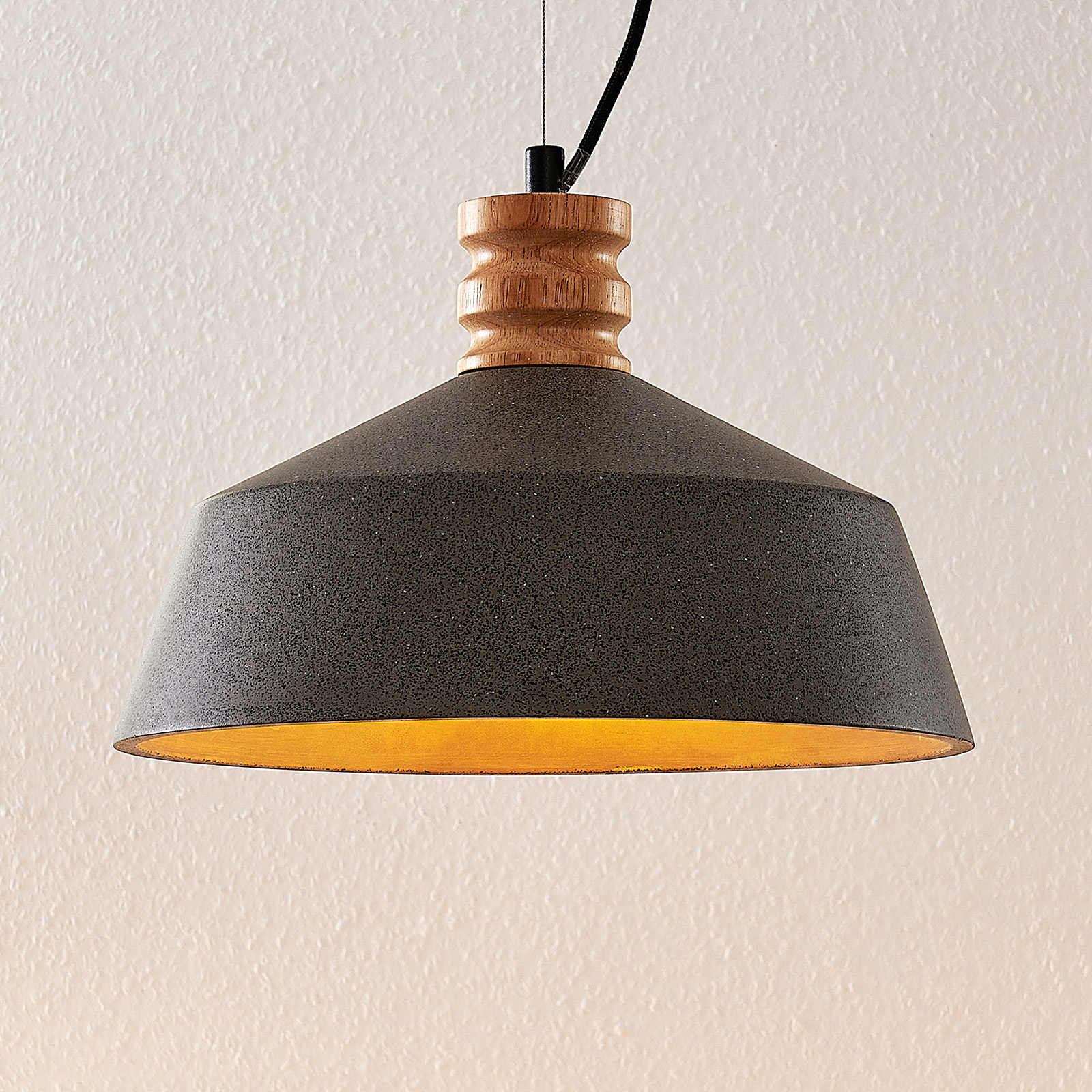 Lucande Ulvi hanging light, concrete lampshade, for Living / Dining Room, concrete, metal, wood, E27, 25 W, energy efficiency: A++, H: 22 cm