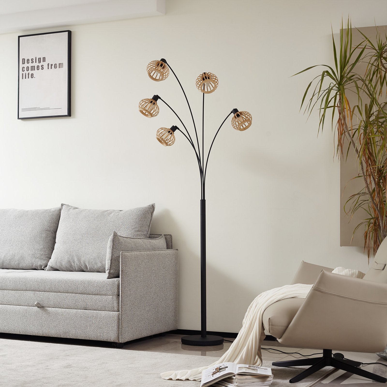 Lindby floor lamp Lielle, natural bamboo, 5-bulb