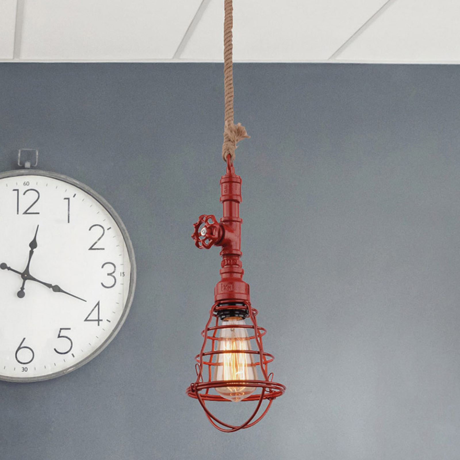 Näve Pendant light in an industrial design, red, for Living / Dining Room, metal, rope, E27, 40 W, energy efficiency: A++, H: 36 cm