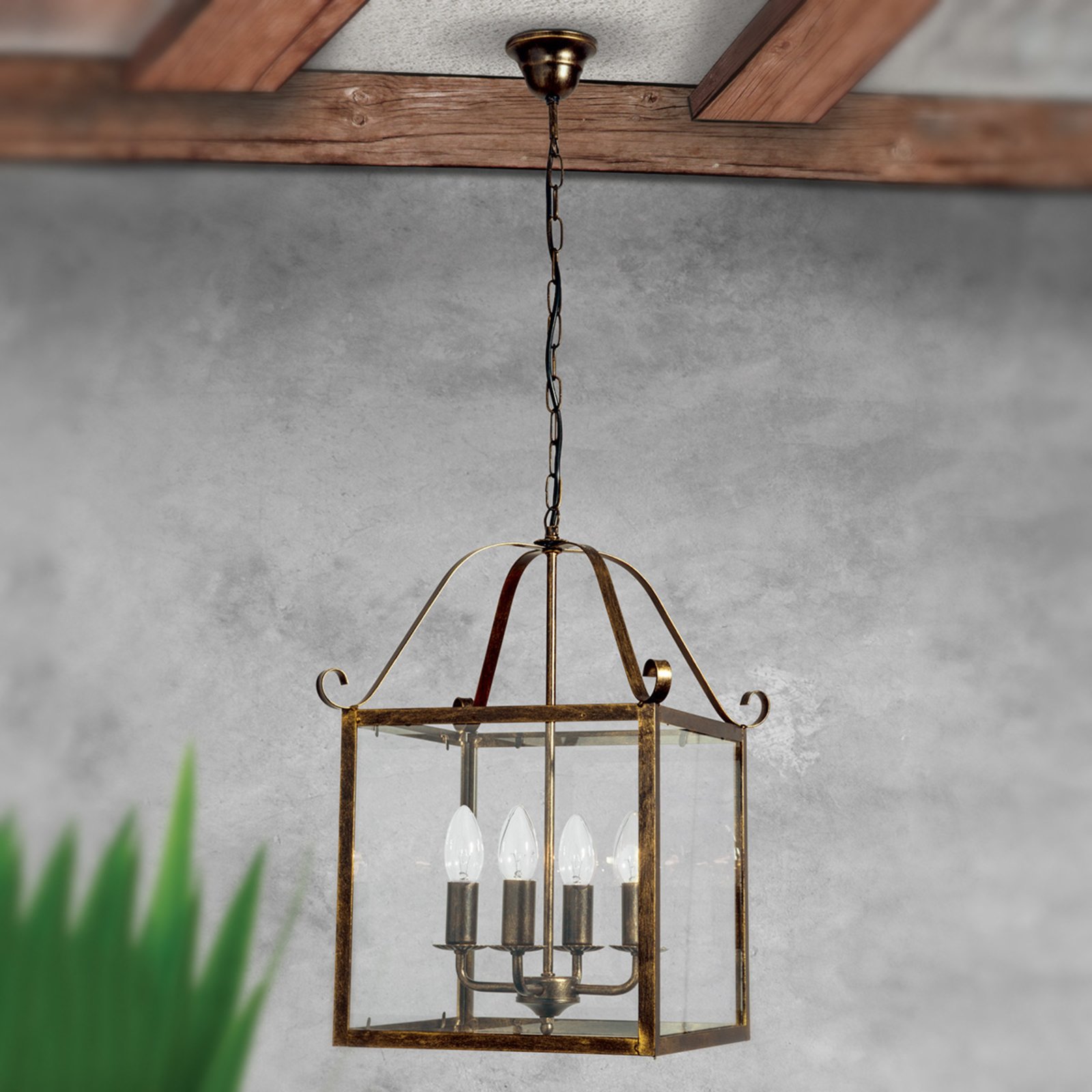 Hanglamp Manto, hoekig, goud antiek, 4-lamps
