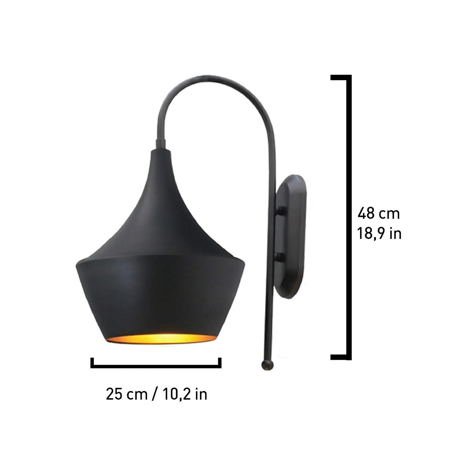 Bombe vägglampa, svart, metall, höjd 48 cm