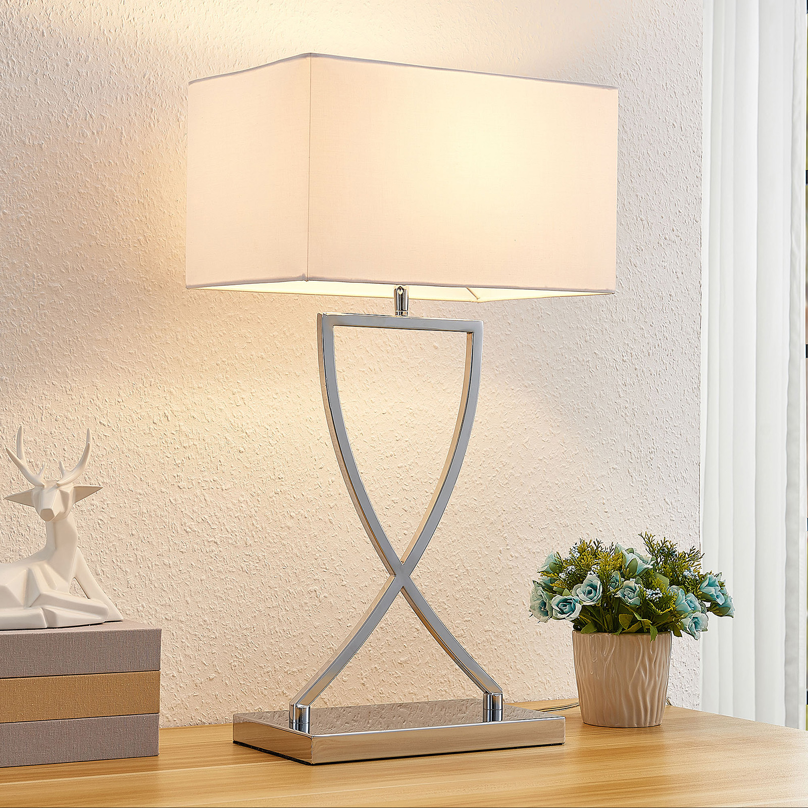 Lucande Evaine Table Light Chrome, white shade, for Living / Dining Room, metal, plastic, E27, 60 W, energy efficiency: A++, W: 35 cm, H: 66 cm