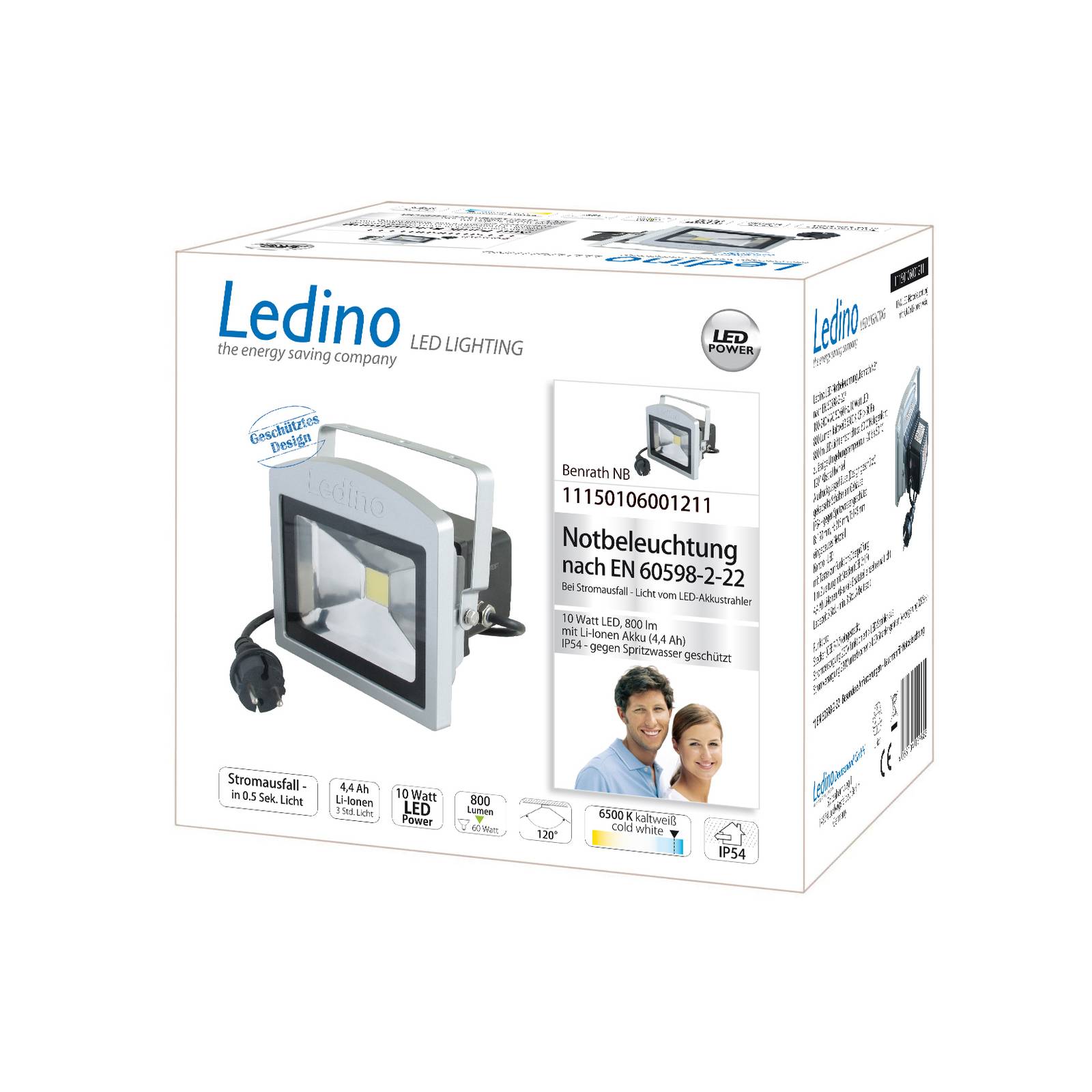 Ledino LED-strålkastare Benrath NB nödbelysning med uppladdningsbart batteri