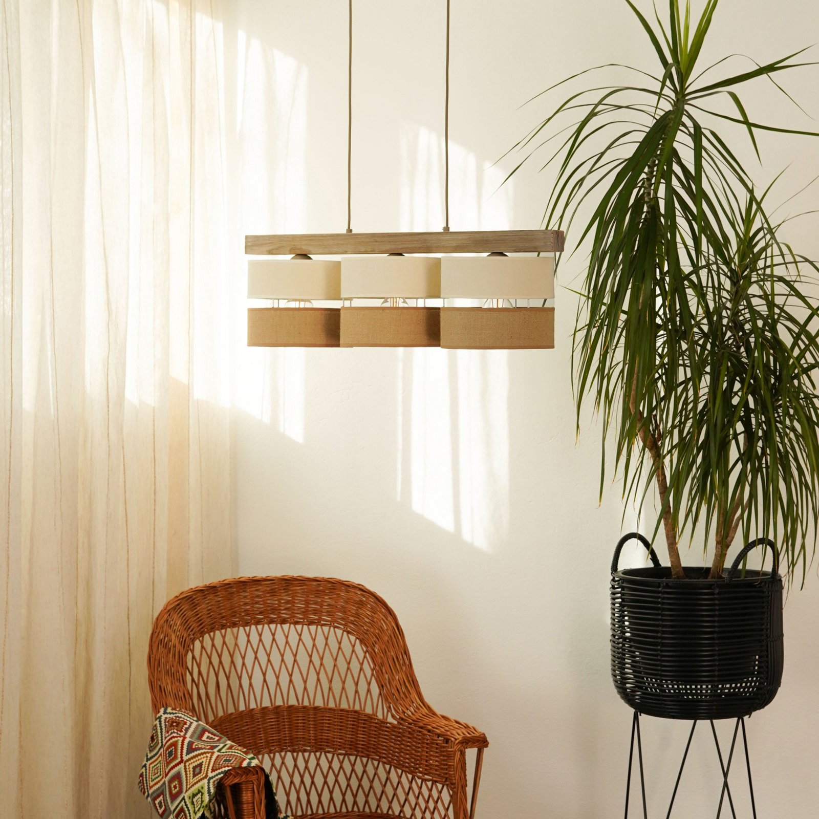 Hängeleuchte Treeon, 3-flammig, Holz, Jute, naturfarben/ecru