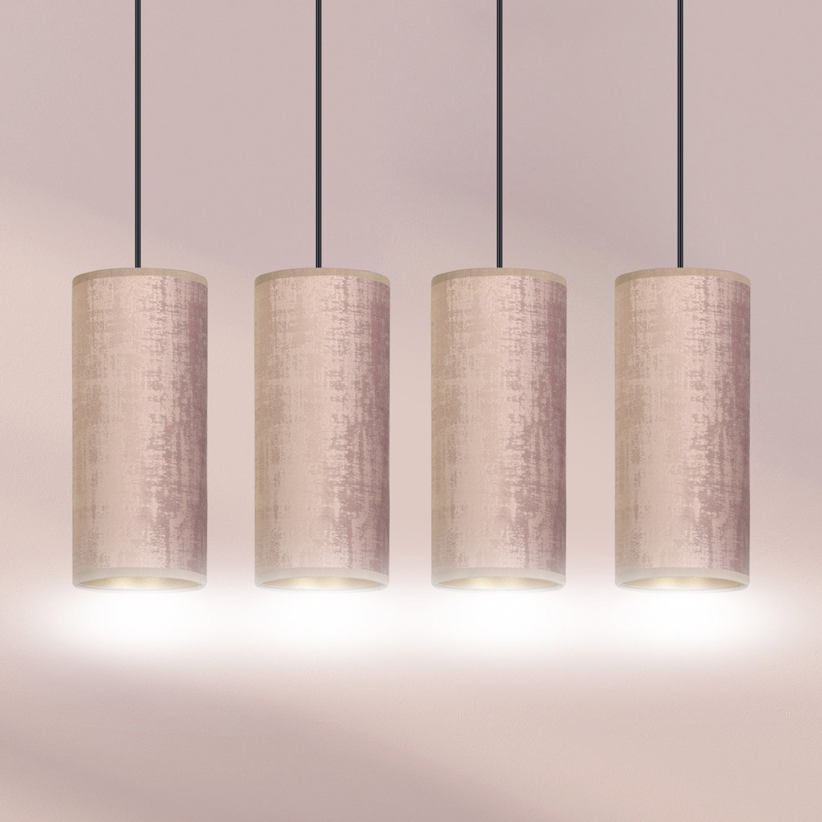 Hanglamp Joni, textiel, 4-lamps lang, rosé-goud