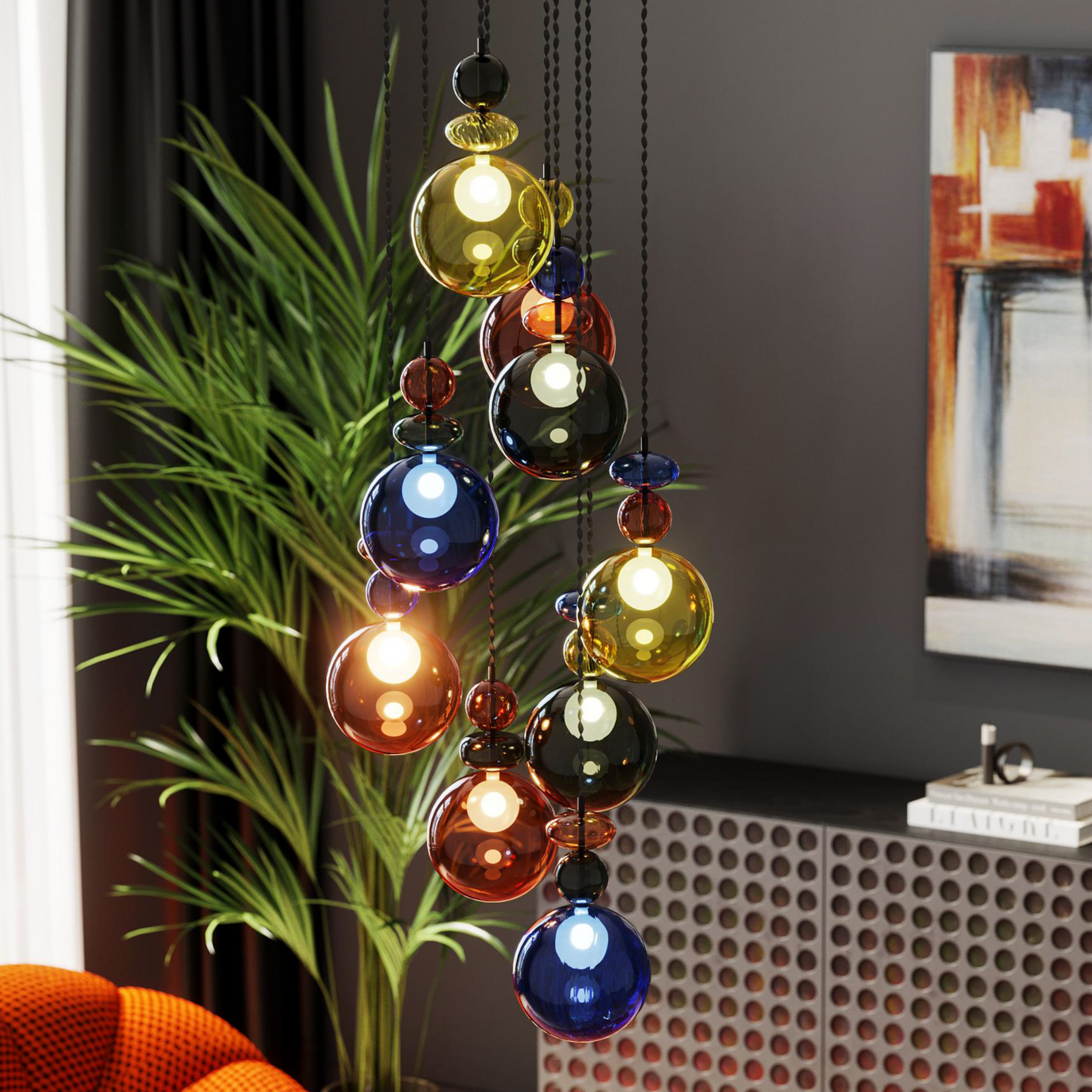 KARE Suspension Mazzo Nove, verre multicolore, à 9 lampes