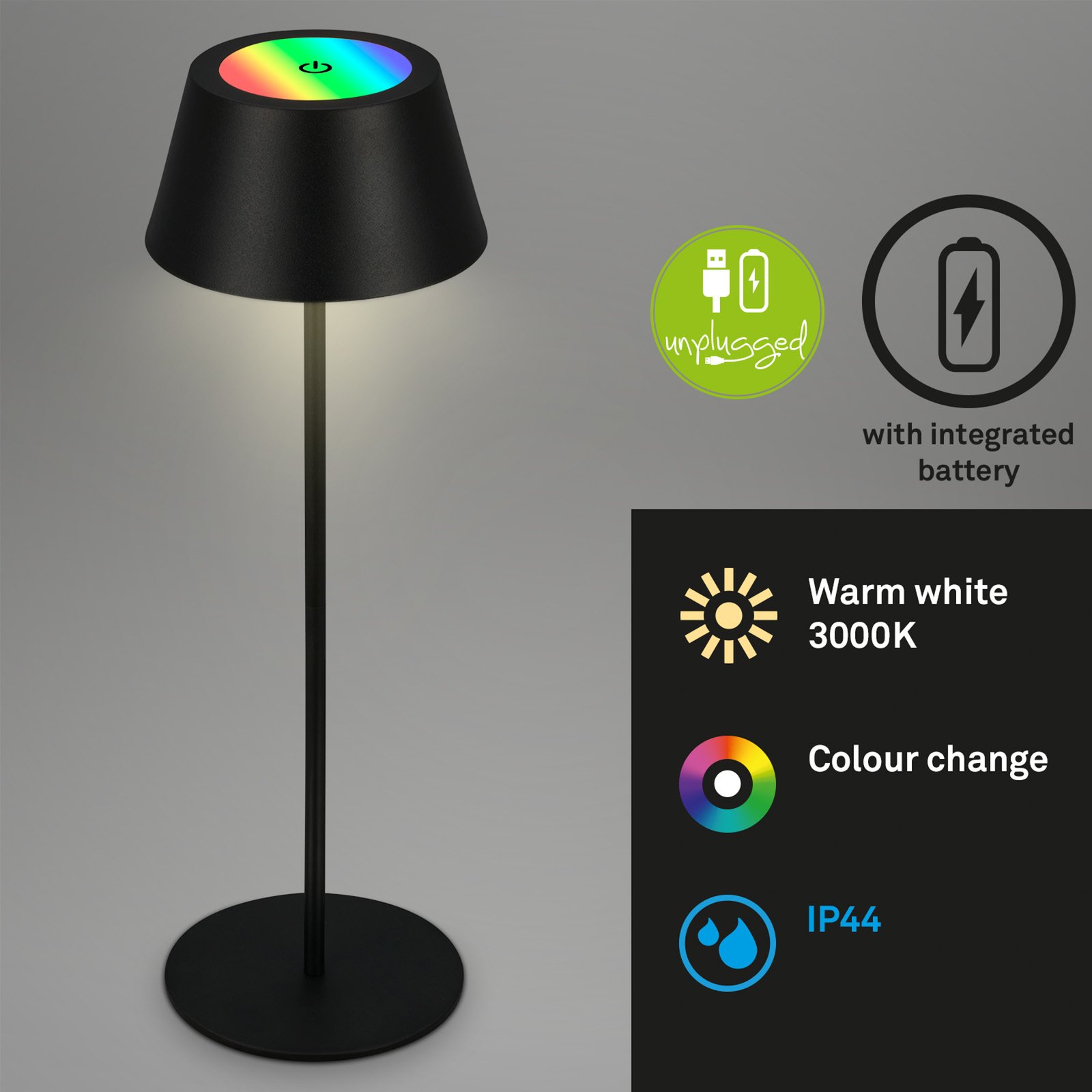 LED-es asztali lámpa Kiki újratölthető akkumulátorral RGBW, fekete