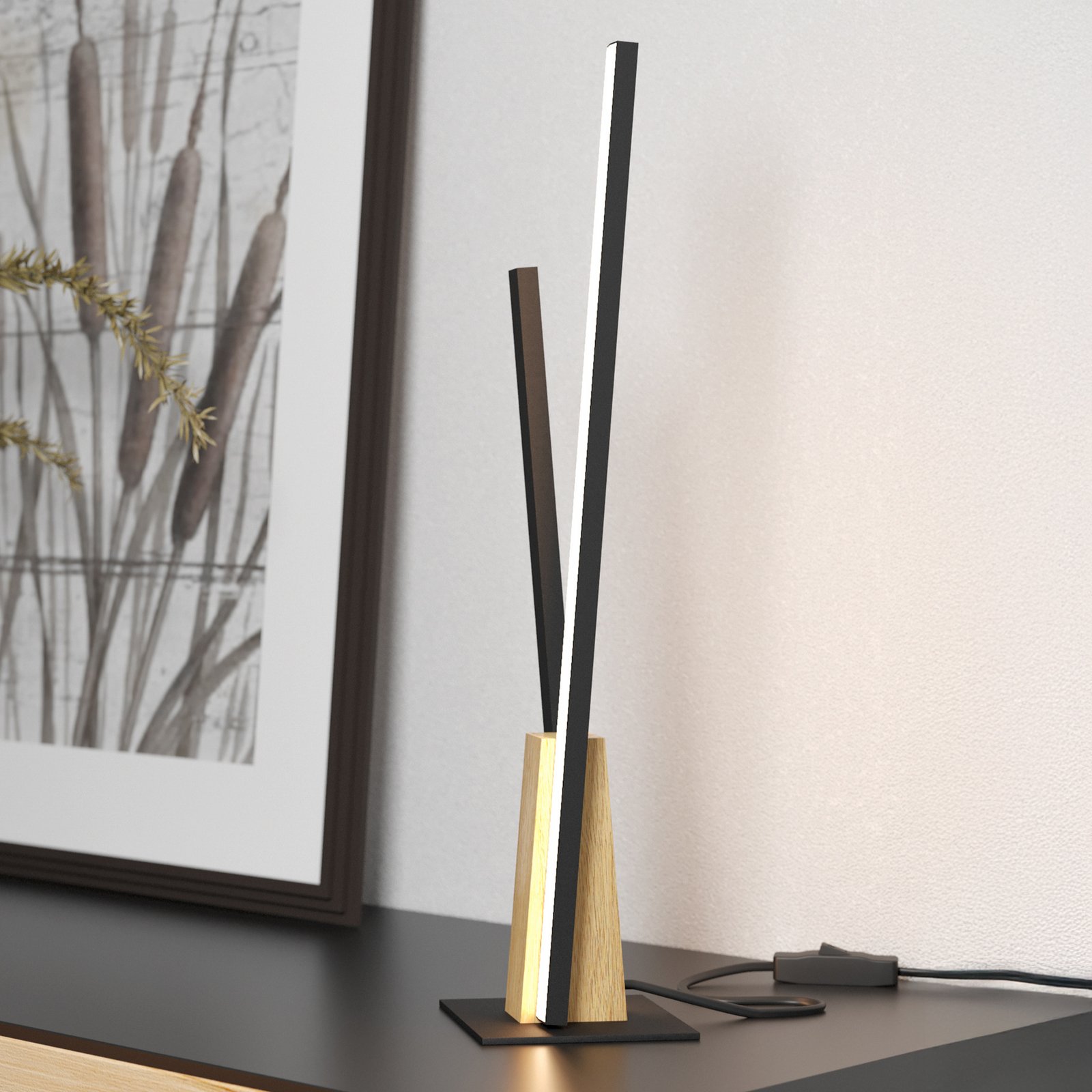 Stolní lampa LED Panagria, černá s dřevěnými detaily